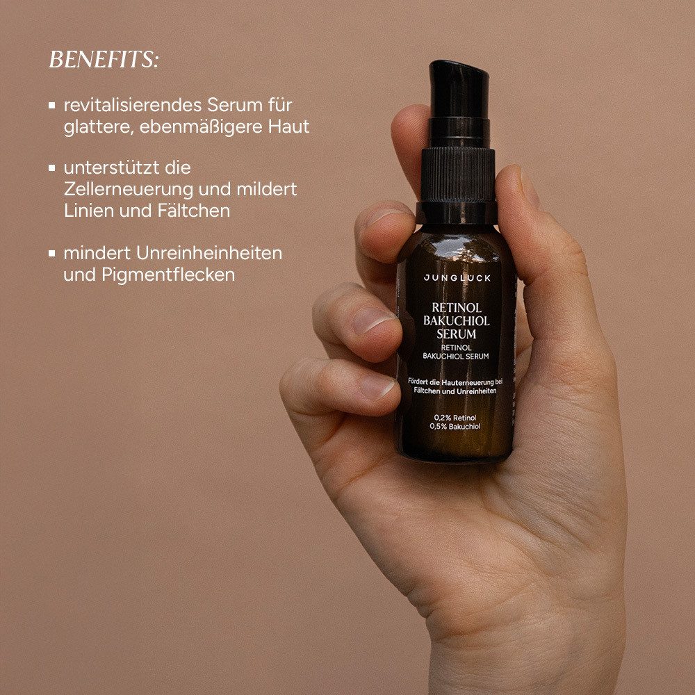JUNGLÜCK Gesichtsserum Retinol Bakuchiol Serum, mildert Linien & Fältchen, 1-tlg., Unterstützt die Zellerneuerung & sorgt für ein ebenmäßigeres Hautbild