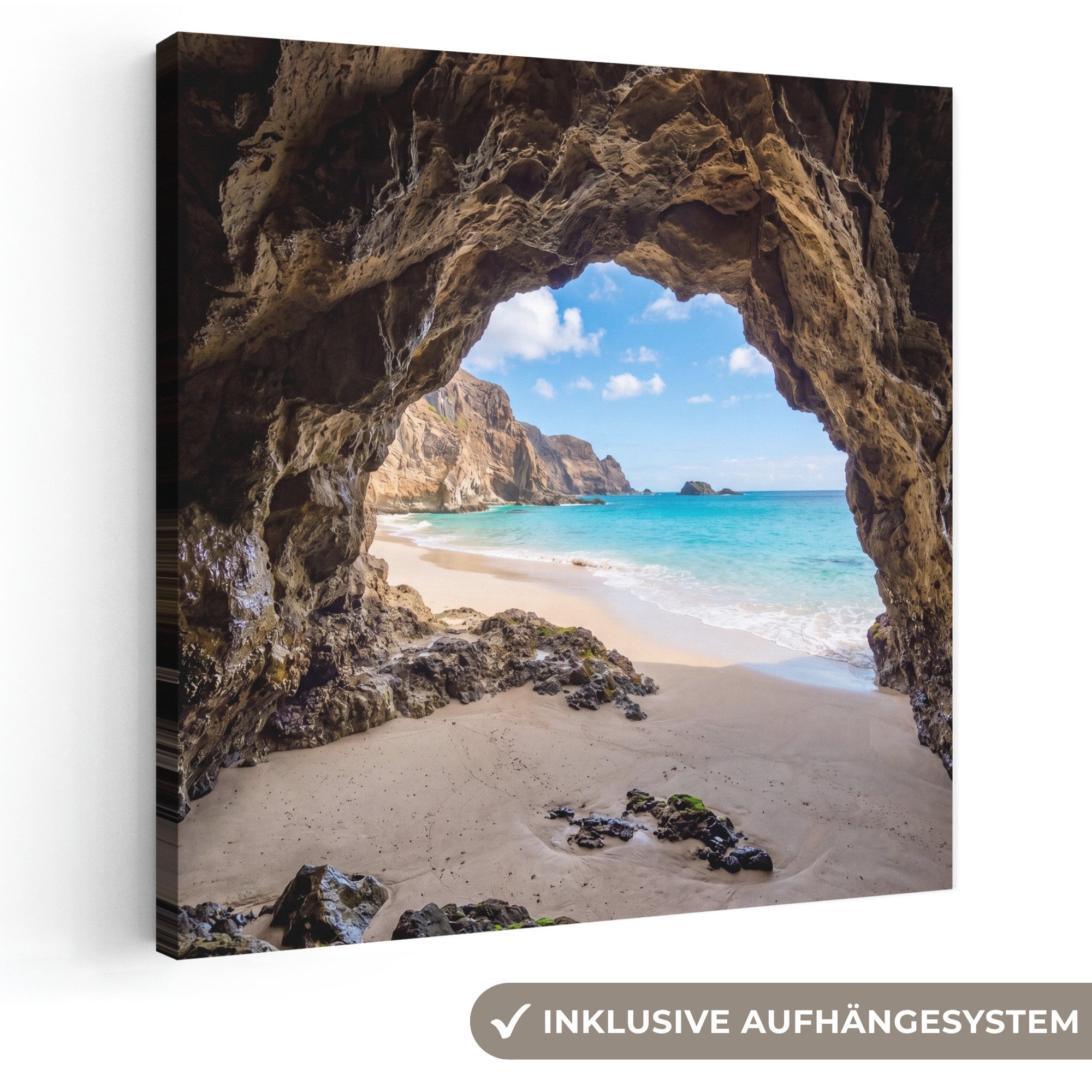 OneMillionCanvasses® Leinwandbild Höhle - Strand - Meer - Blau, Fotodruck (1 St), Wandbild, Deko Schlafzimmer Wohnzimmer Flur 20x20 cm