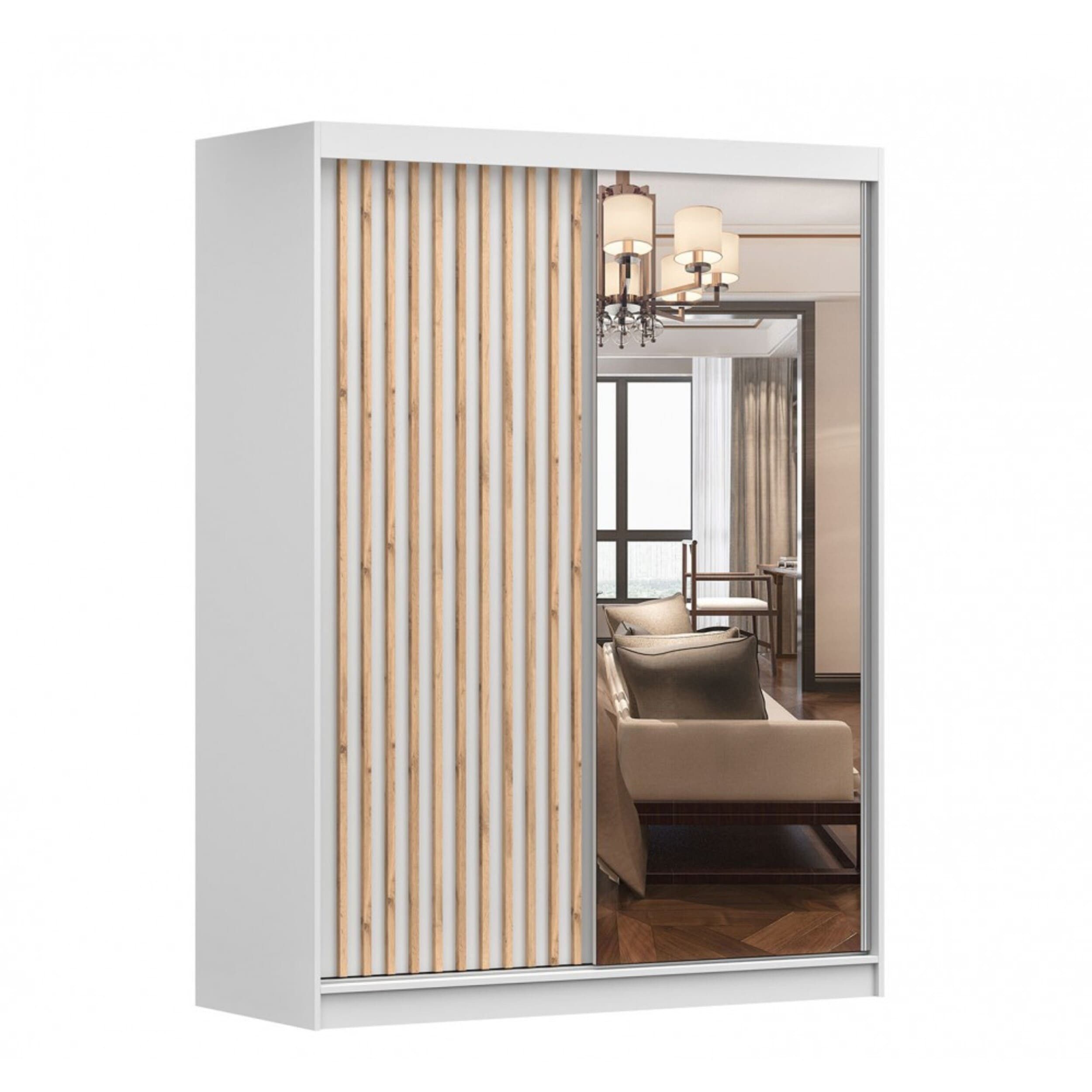 MOEBLO Kleiderschrank LABI (Schiebetür-Kleiderschrank mit Spiegel & Holzdekor, Schwebetürenschrank 2-türig Schrank mit Einlegeböden und Kleiderstange) -(BxHxT): 150x200x61 cm