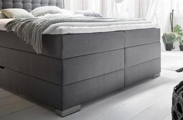 möbelando Boxspringbett Lenno, Boxspringbett Lenno mit Stoffbezug Hugo Uni grau, inkl. Bettkasten seitliche öffnung, Liegefläche 180x200 cm, Kopfteil gesteppt, Metallfüße gebürstet