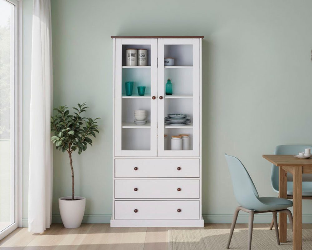Inter Link Buffet Westerland Kiefer Massivholz, FSC, Vitrinenschrank Geschirrschrank im Landhausstil, BxTxH: 90 x 38,4 x 190 cm