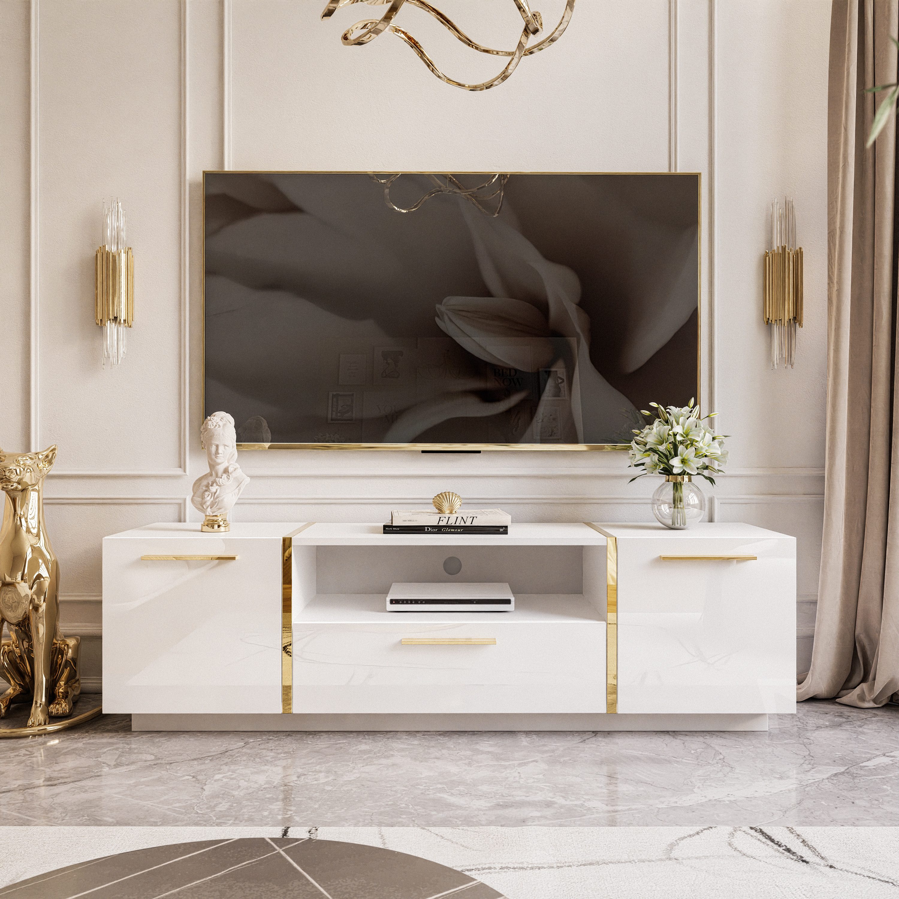 Lookway Lowboard TV ONYX Eleganter Hochglanz Fernsehtisch mit goldenen Griffen (1x TV-Schrank), Breite: 158 cm