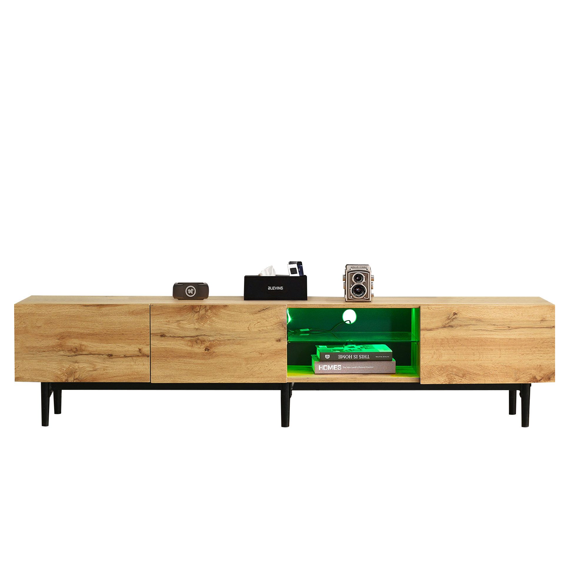 OKWISH TV-Schrank Lowboard mit LED-Beleuchtung inkl. (Wildeiche TV-Schrank, Fernsehtisch mit Glasablage, TV-Board, TV- Ständer) mit 3 Türen und Schubladen