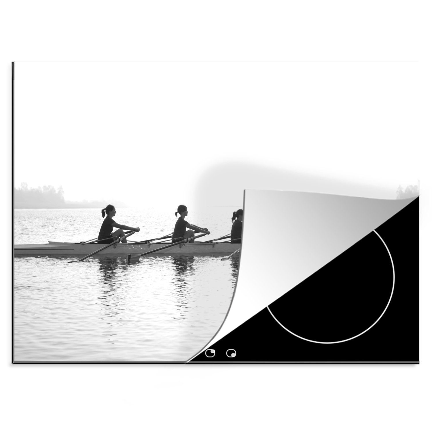 MuchoWow Herdblende-/Abdeckplatte Eine Gruppe von Ruderern rudert in München - schwarz und weiß, Vinyl, (1 tlg), 70x52 cm, Mobile Arbeitsfläche nutzbar, Ceranfeldabdeckung