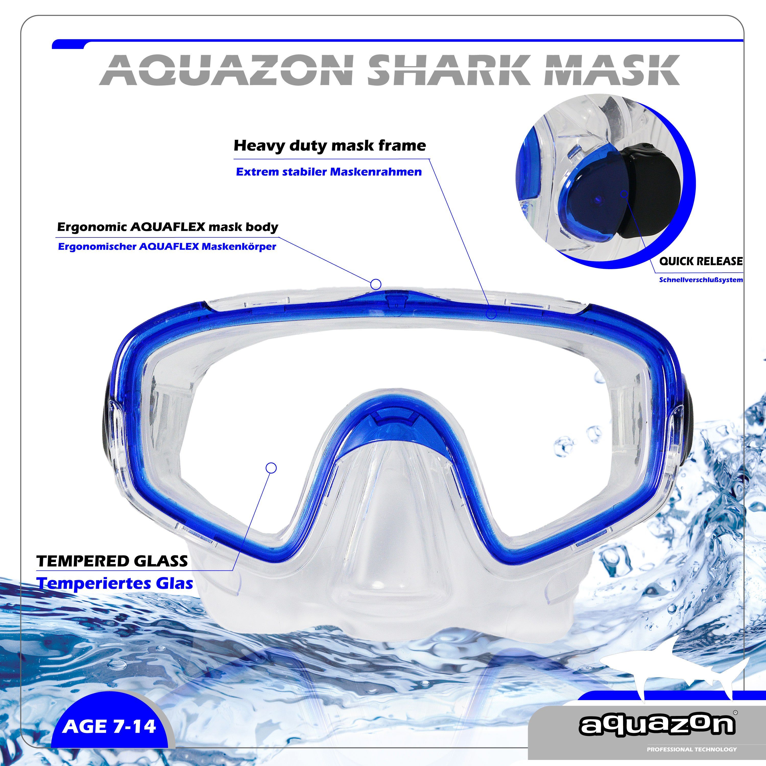 Taucherbrille SHARK, Schnorchelbrille blau AQUAZON 7-12 für Jahre Kinder transparent