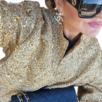 RUZU UG Wintermantel Jacke Damen Mode Tasche Gold verzierte Pailletten gesticktes Muster