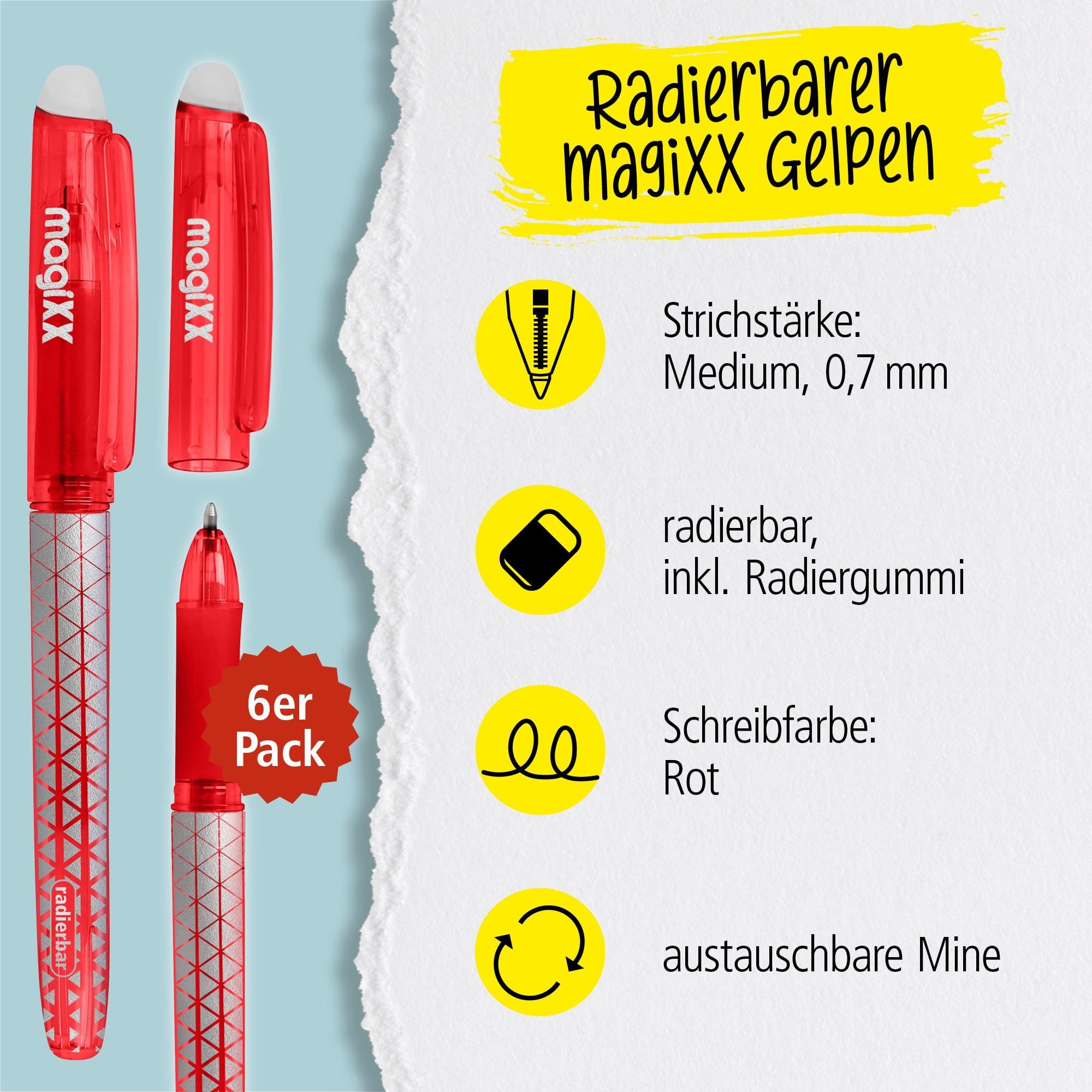 Online Pen Tintenroller magiXX Classic, (6x radierbare Gelschreiber rot, ergonomisches Griffstück), Gelpens für Schüler, Studenten, Büro