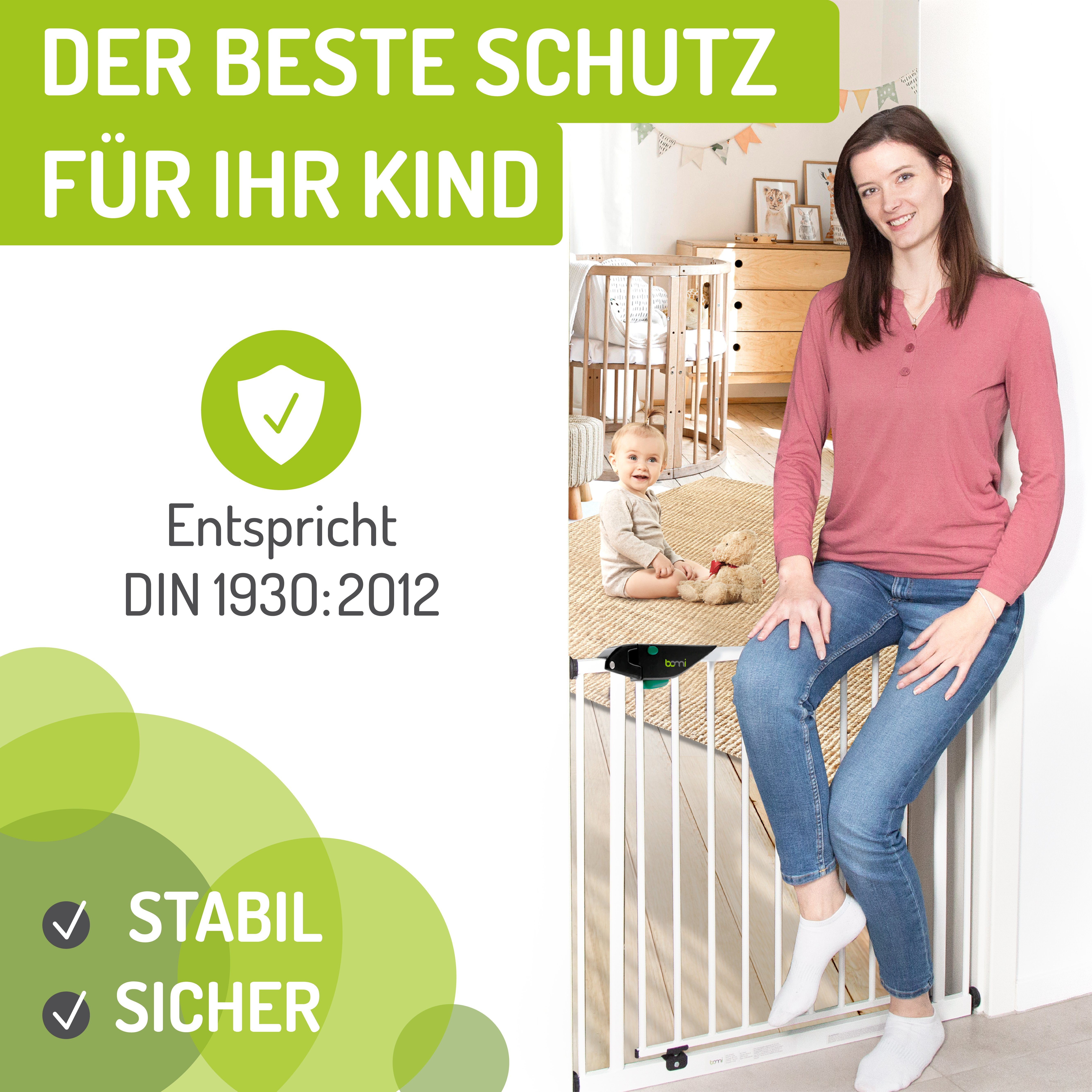 BOMI Türschutzgitter Kinderschutzgitter extra hoch, ohne Bohren, Mira 73-161 cm (Hundegitter & Kindergitter klemmbar, weiß, Metall), Treppenschutzgitter mit 90° – Bild 5 von 5