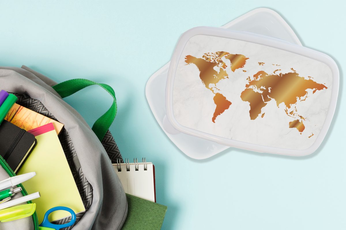 MuchoWow Lunchbox Weltkarte Marmor (2-tlg), und für Erwachsene, für weiß und Brotbox Kinder Jungs Kunststoff, Gold, Mädchen - - Brotdose