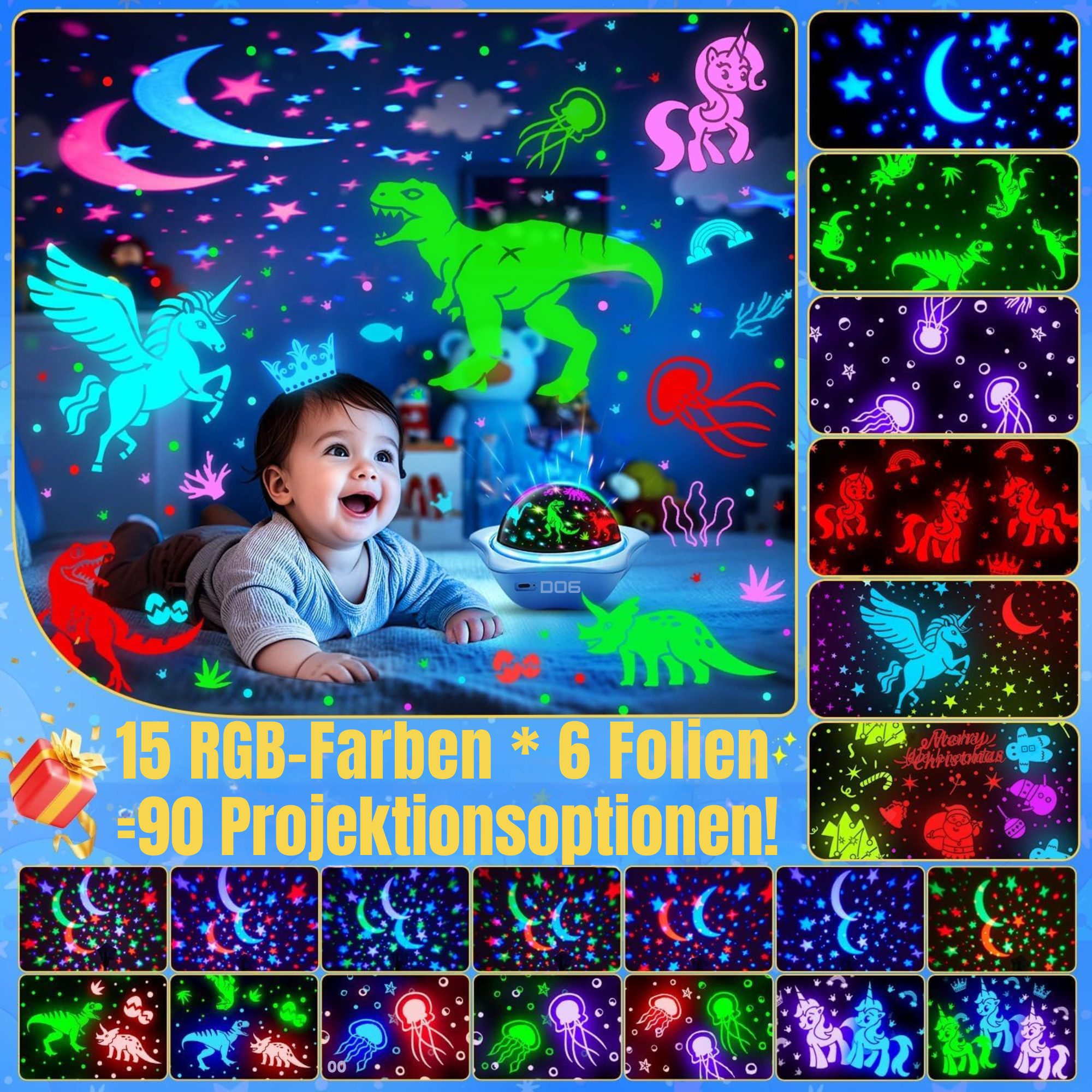 Vivitar LED-Sternenhimmel Projektor Nachtlicht 96 Lichteffekten, 6 Projektionsfolien 16 Farbmodi, 1 Meter Kabel, Fernbedienung Stimmungsbeleuchtung, Projektions – Bild 3 von 5