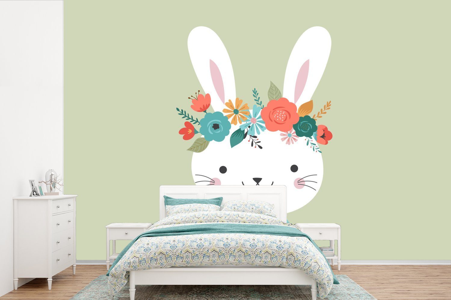 - St), Wallpaper Schlafzimmer, Wohnzimmer, Matt, Vinyl Tapete (6 bedruckt, Blumen, Kinderzimmer, MuchoWow Sommer Fototapete Kaninchen - für