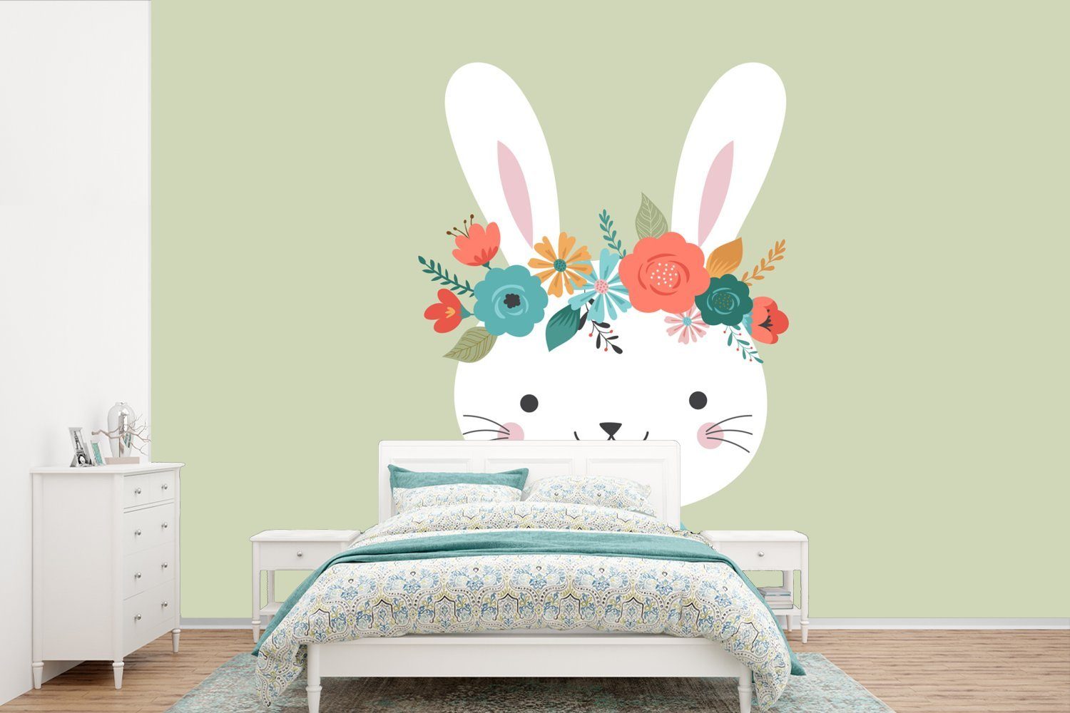 - Fototapete (6 Schlafzimmer, Blumen, Wohnzimmer, Matt, für St), Tapete Wallpaper - Sommer MuchoWow Vinyl bedruckt, Kaninchen Kinderzimmer,