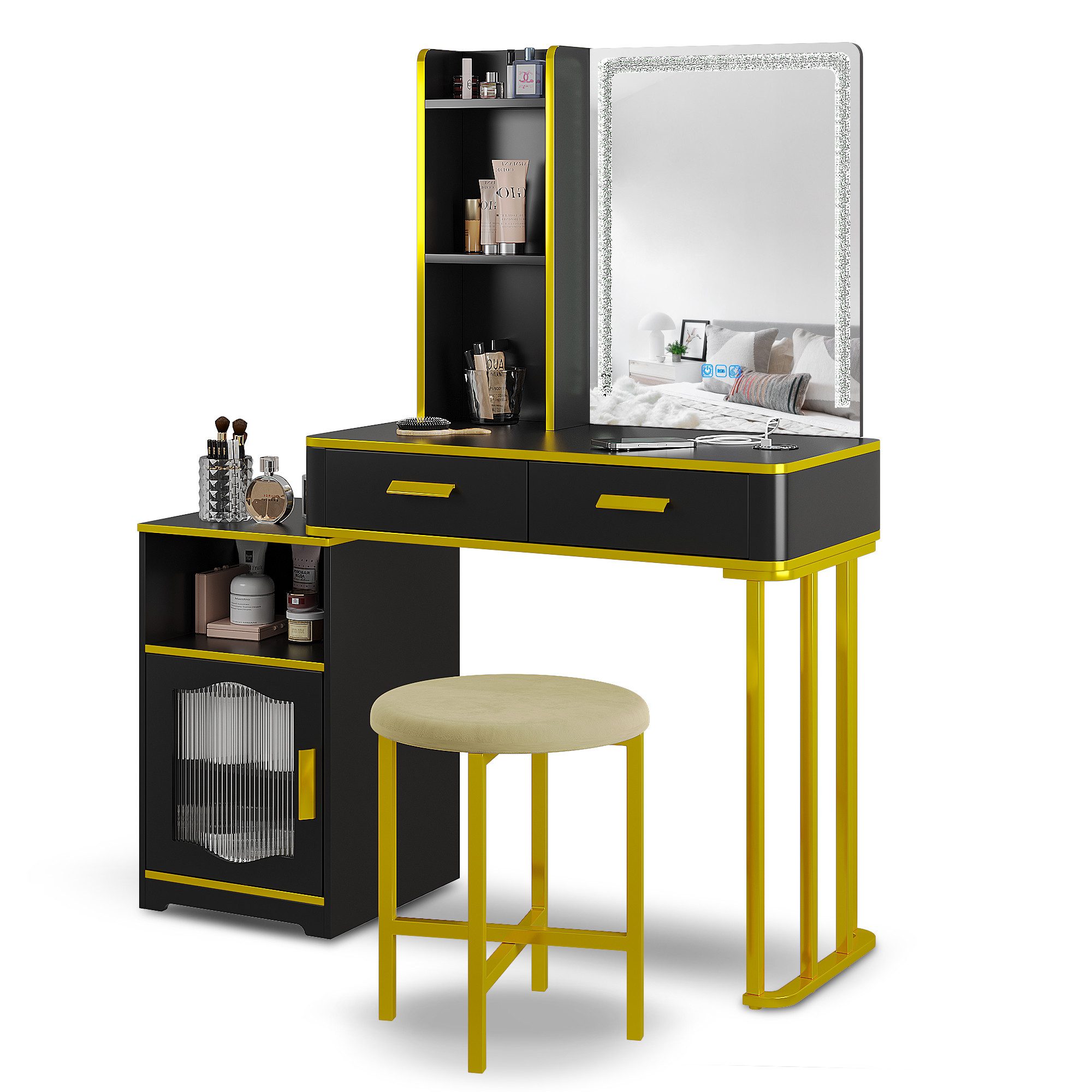 LVifur Schminktisch Schminktischset mit Beleuchtung Ablagefächern Schubladen (Set, 1-St., Schminktisch×1, Samthocker×1), Kabelloses Laden, USB Type-C, 136 x 40 x 80 cm, schwarz