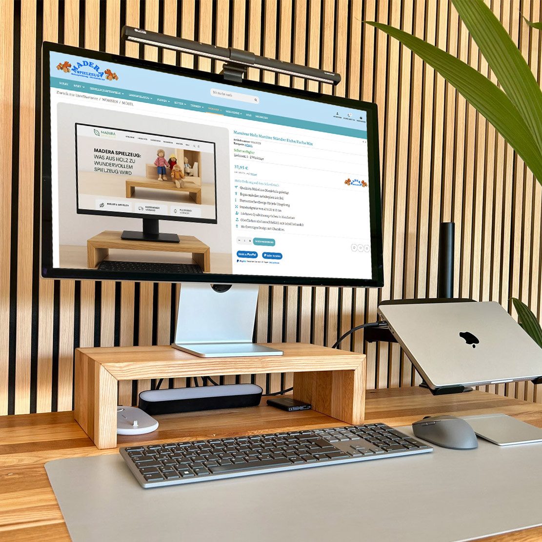 Madera Spielzeuge Monitorständer Massiver Holz Monitor Ständer Eiche/Esche Mix, (bis 65 Zoll, set Packung, 1-tlg., fertig Montiert, Schreibtisch Monitorerhöhung Bildschirm Tisch Aufsatz aus Massivholz)