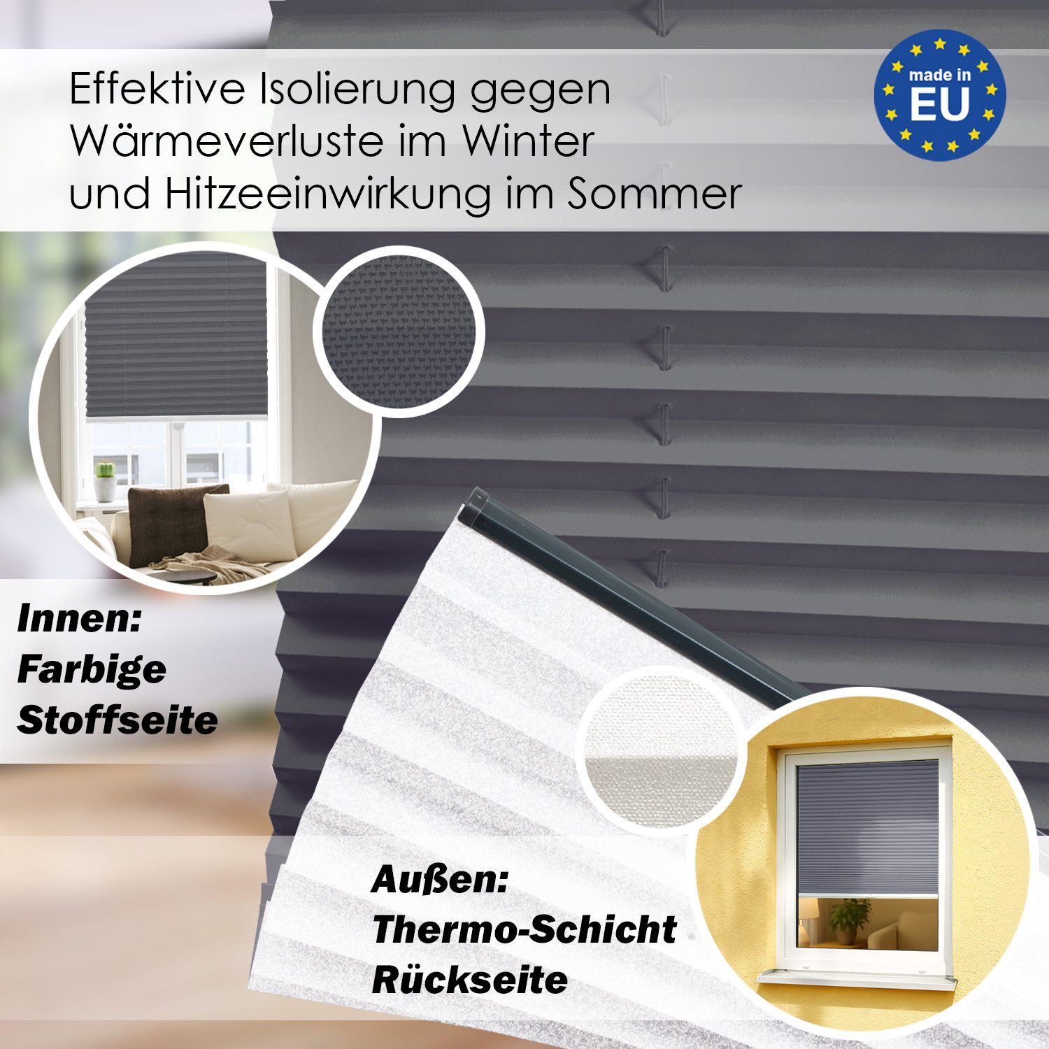 DomDeco Plissee Premium Thermo Plissee ohne Bohren, Sichtschutz, lichtdurchlässig, blickdicht, Klemmfix, Thermo-Wärmeschutz, verdunkelnd, blickdicht, Stufenlos – Bild 2 von 5