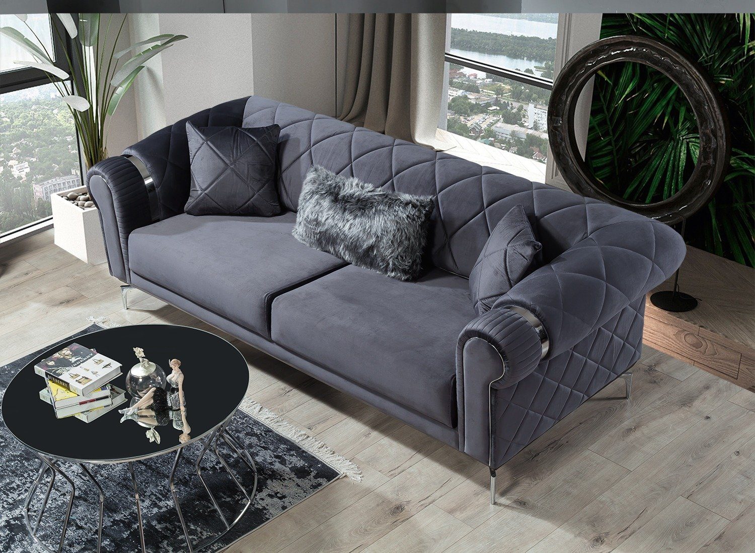 in Turkey, 2-Sitzer, Quality Stk. Sofa Möbel 1 Made Anthrazit Sofy, Villa Luxus-Microfaser Polyester) (100%