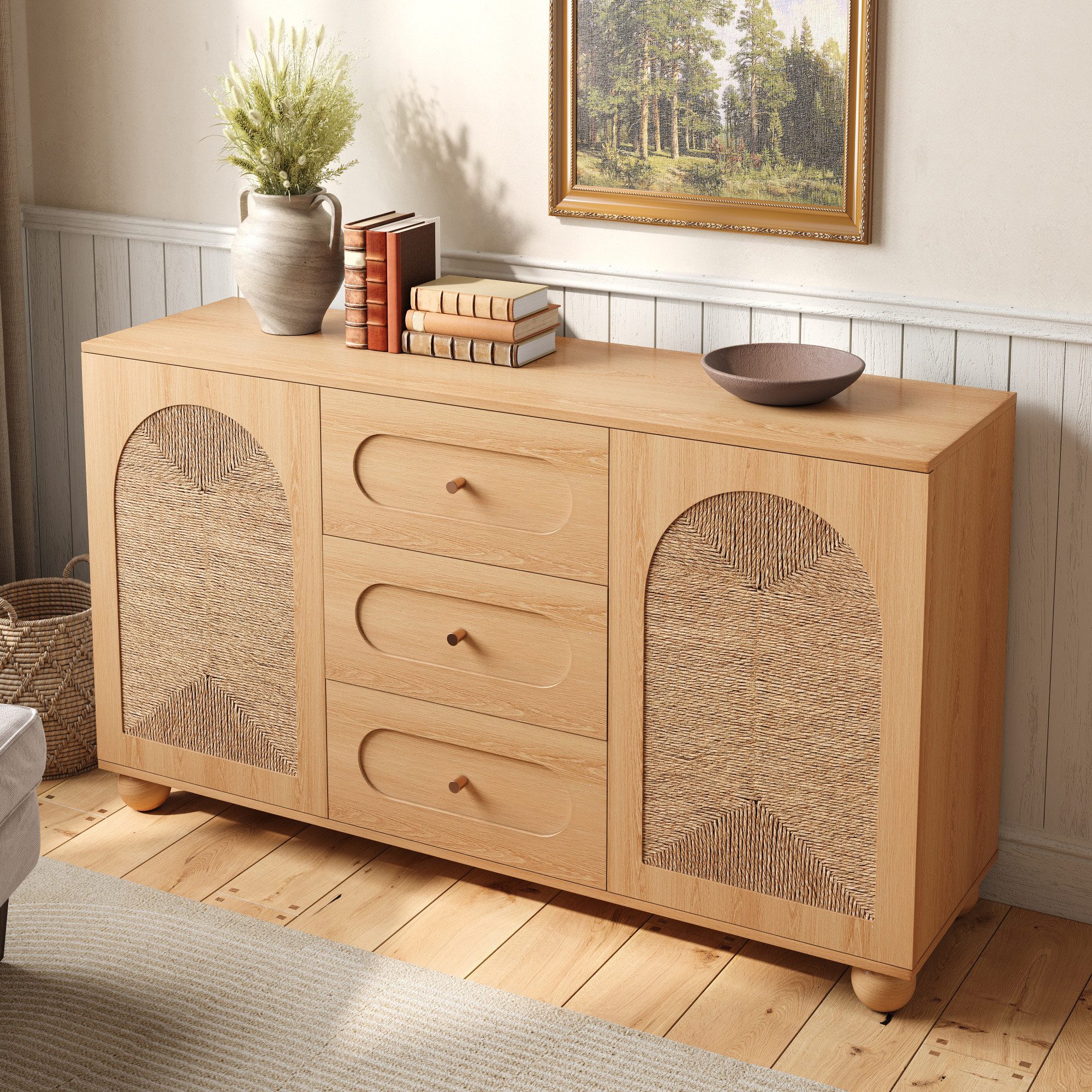 HAUSS SPOLE Sideboard mit 3 Schubladen,Kommode Stauschrank mit Seilgeflecht-Türen,Natur (Beistellschrank Flurschrank mit zwei Türen und drei Schubladen für Aufbewahrung), Buffetschrank mit Holzgriffe und Kugelfüße