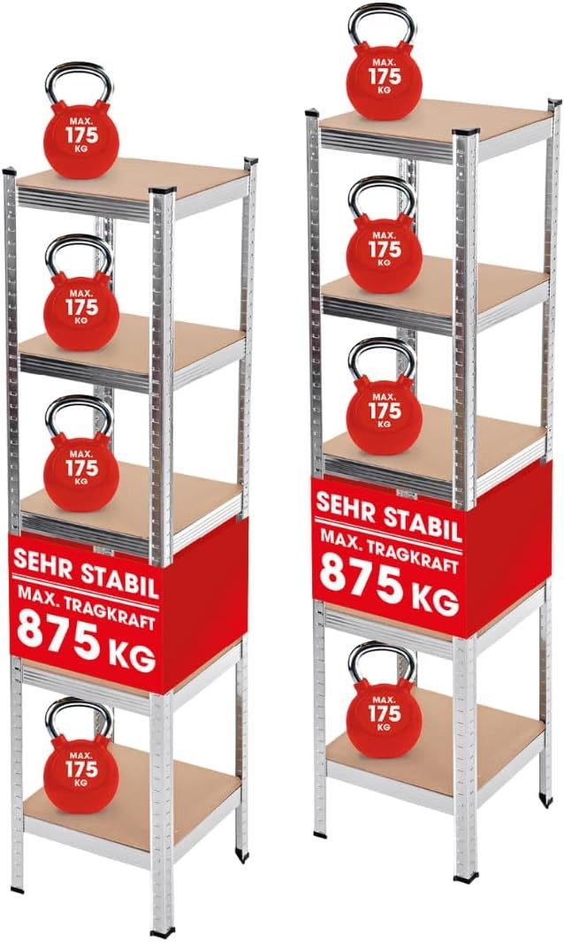 EASYmaxx Schwerlastregal 180x40x40 cm, 875 kg Traglast, 175 kg pro Ebene, 2-tlg., Kellerregal Lagerregal, 5 verstellbare Ablagen