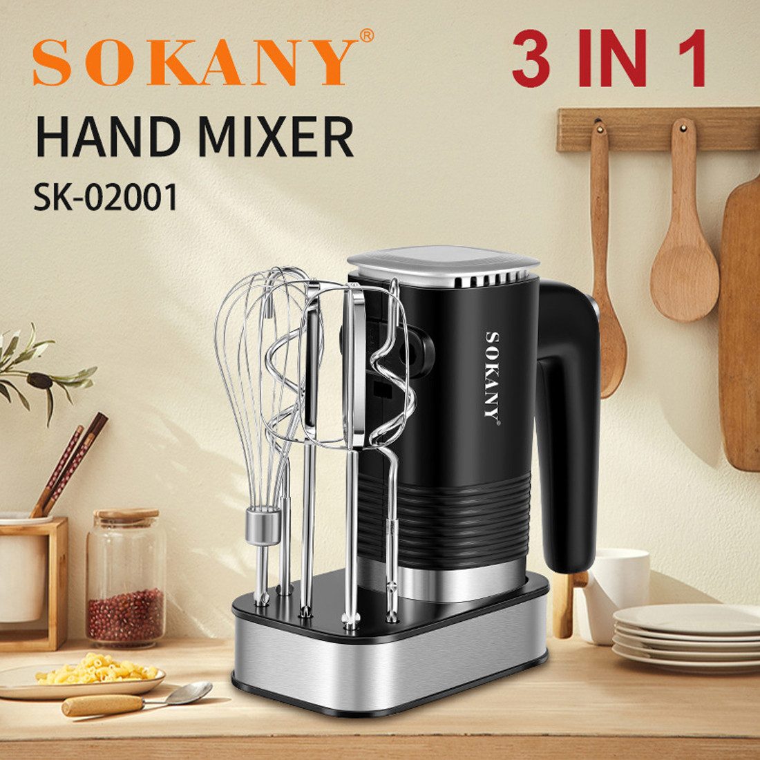 SOKANY Handmixer 3 in 1 800W Handrührgerät Handrührer, 5 Geschwindigkeiten, 800 W