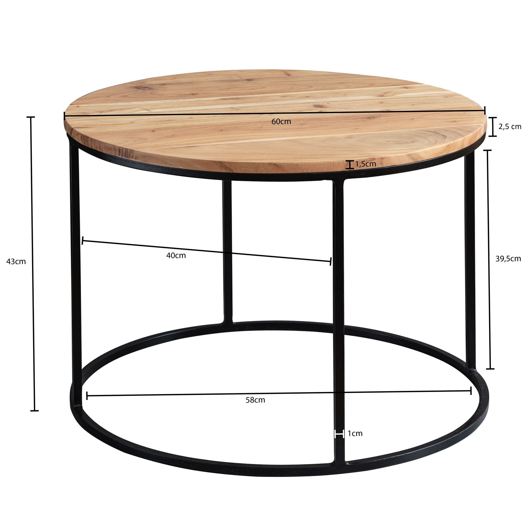 FINEBUY Couchtisch FB54855 Akazie Massivholz rund 60cm Wohnzimmertisch Handgefertigt (60x43x60 cm Akazie Massivholz / Metall, Sofatisch), Design Wohnzimmertisch, Kleiner Kaffeetisch Modern