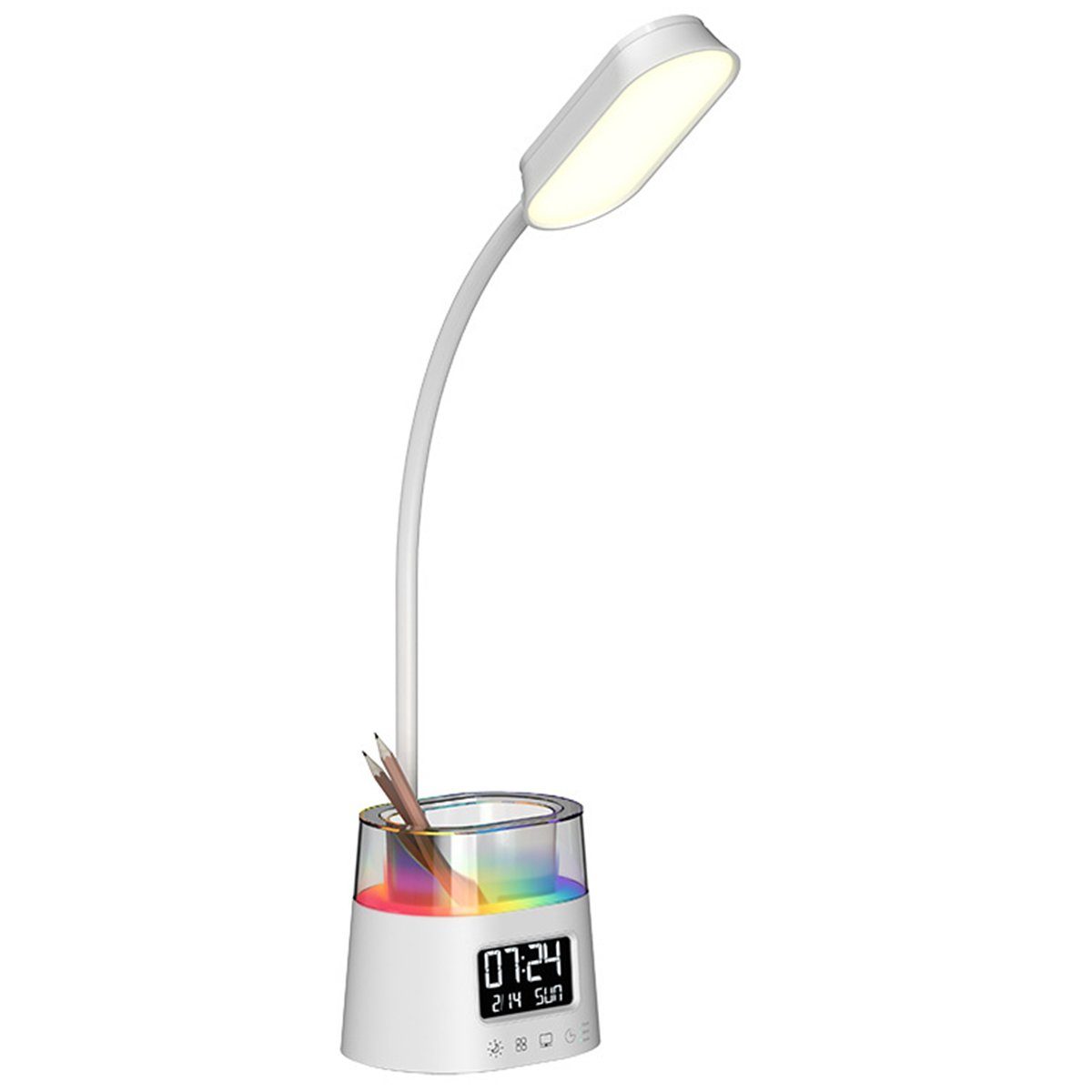 DOPWii LED Schreibtischlampe Lampe, 360° verstellbarer Leuchtmast Farbwechselstifthalter Wecker