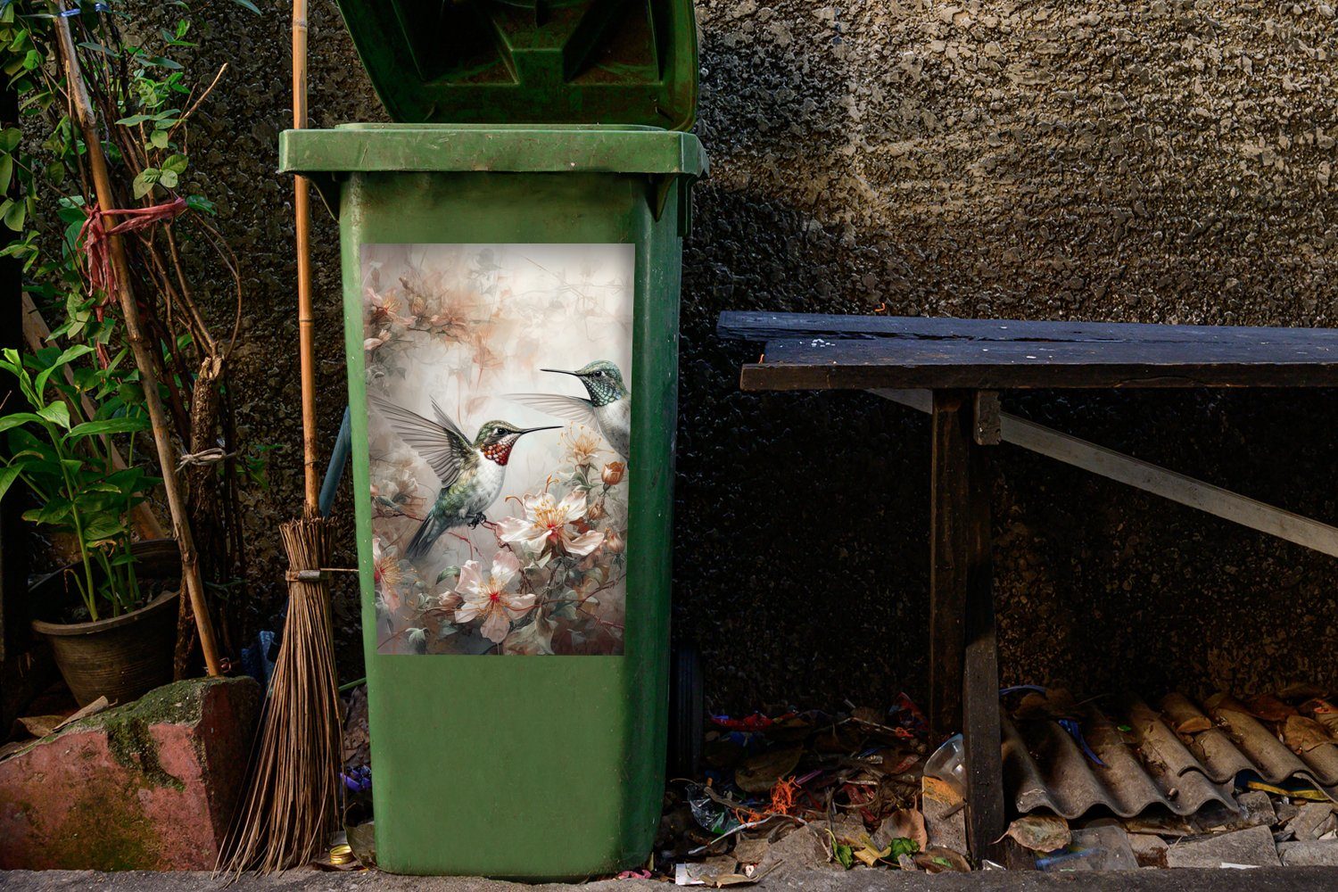 Vögel Mülleimer-aufkleber, - MuchoWow St), Mülltonne, - Container, Pflanzen Wandsticker (1 - Blumen Abfalbehälter Sticker, Kolibri