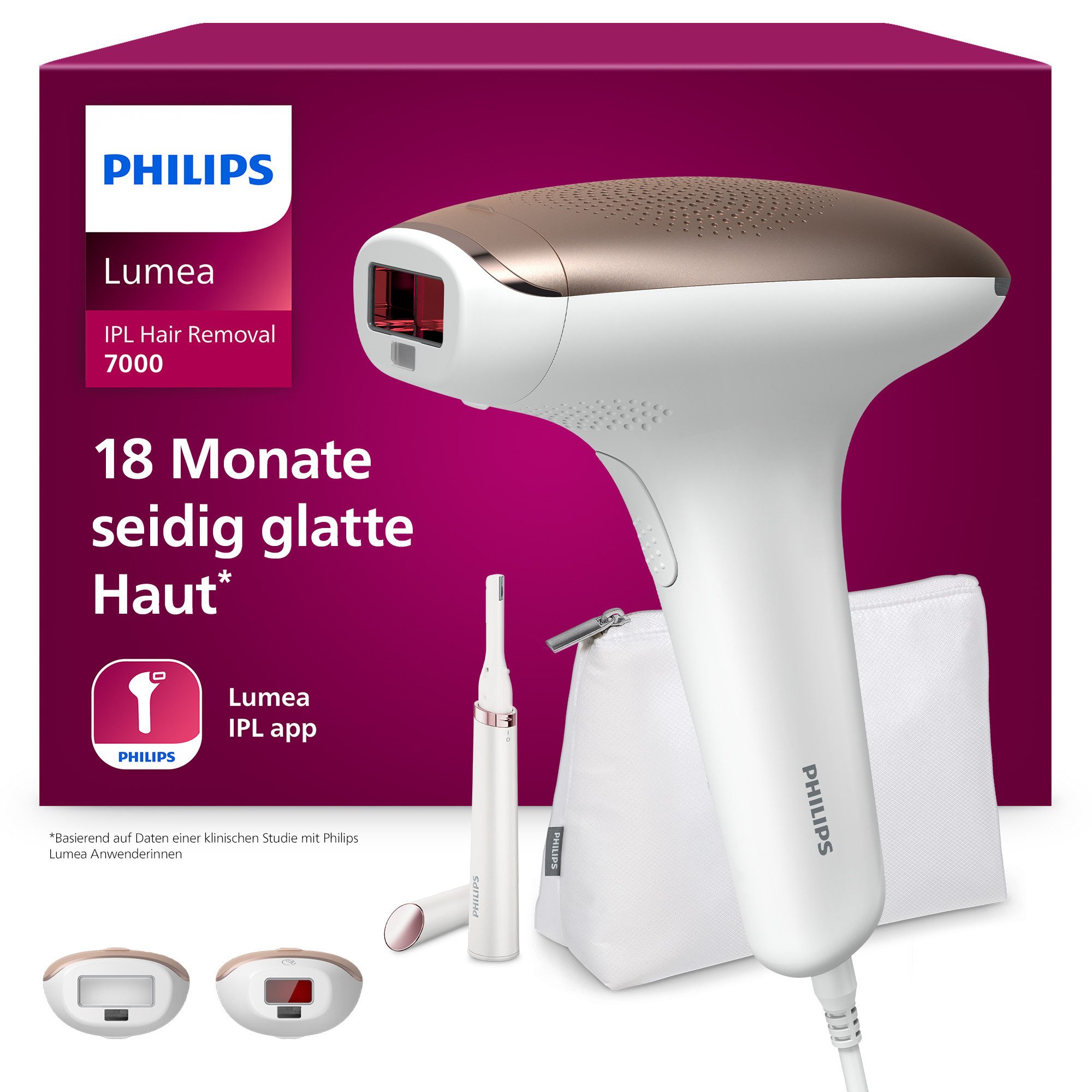 Philips IPL-Haarentferner Philips Lumea Series 7000 BRI921/00, 250.000 Lichtimpulse, 2 Aufsätze (Körper und Gesicht), inkl. Präzisionstrimmer