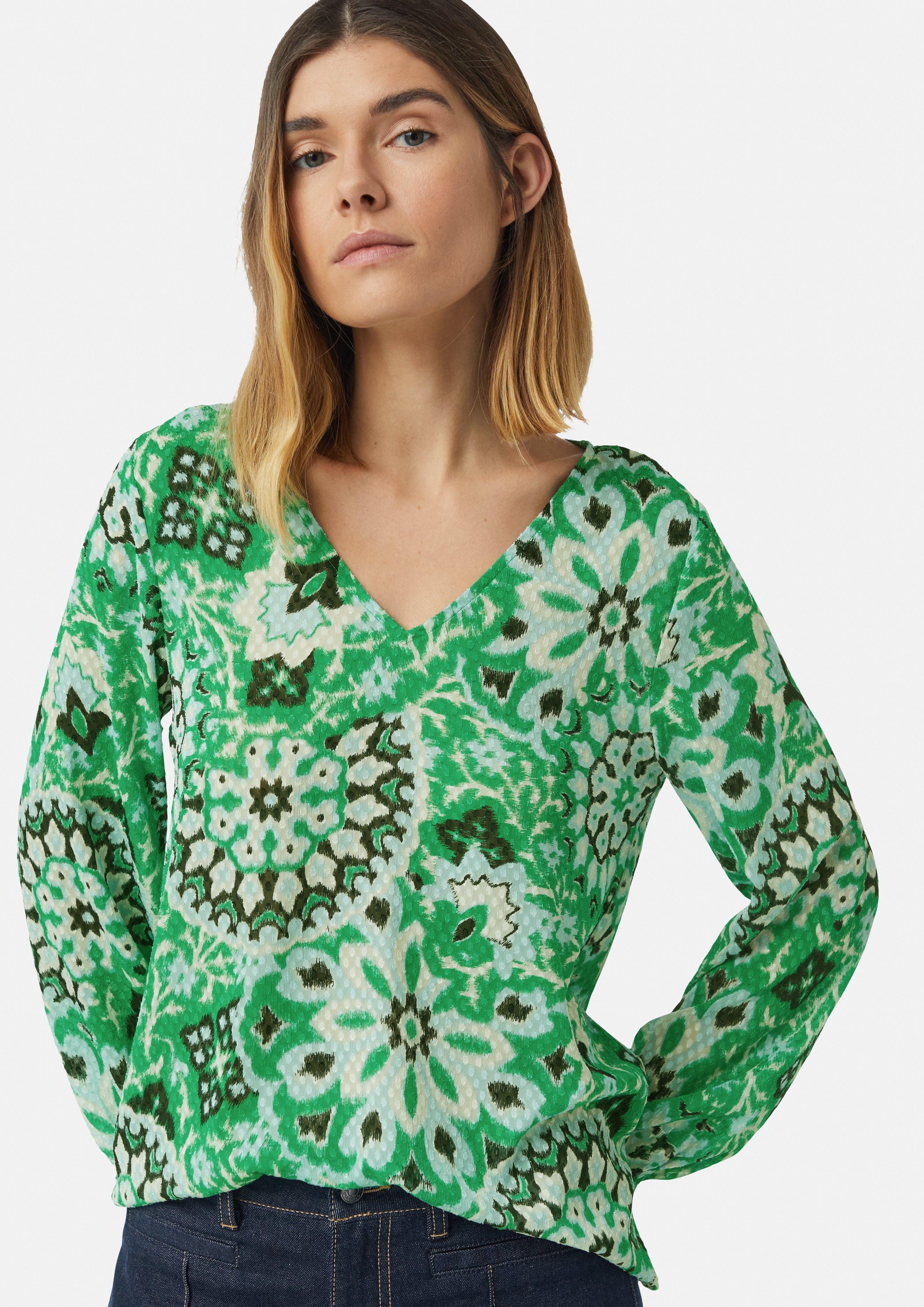 Langarmbluse Strukturierte Bluse mit All-over-Print und V-Ausschnitt