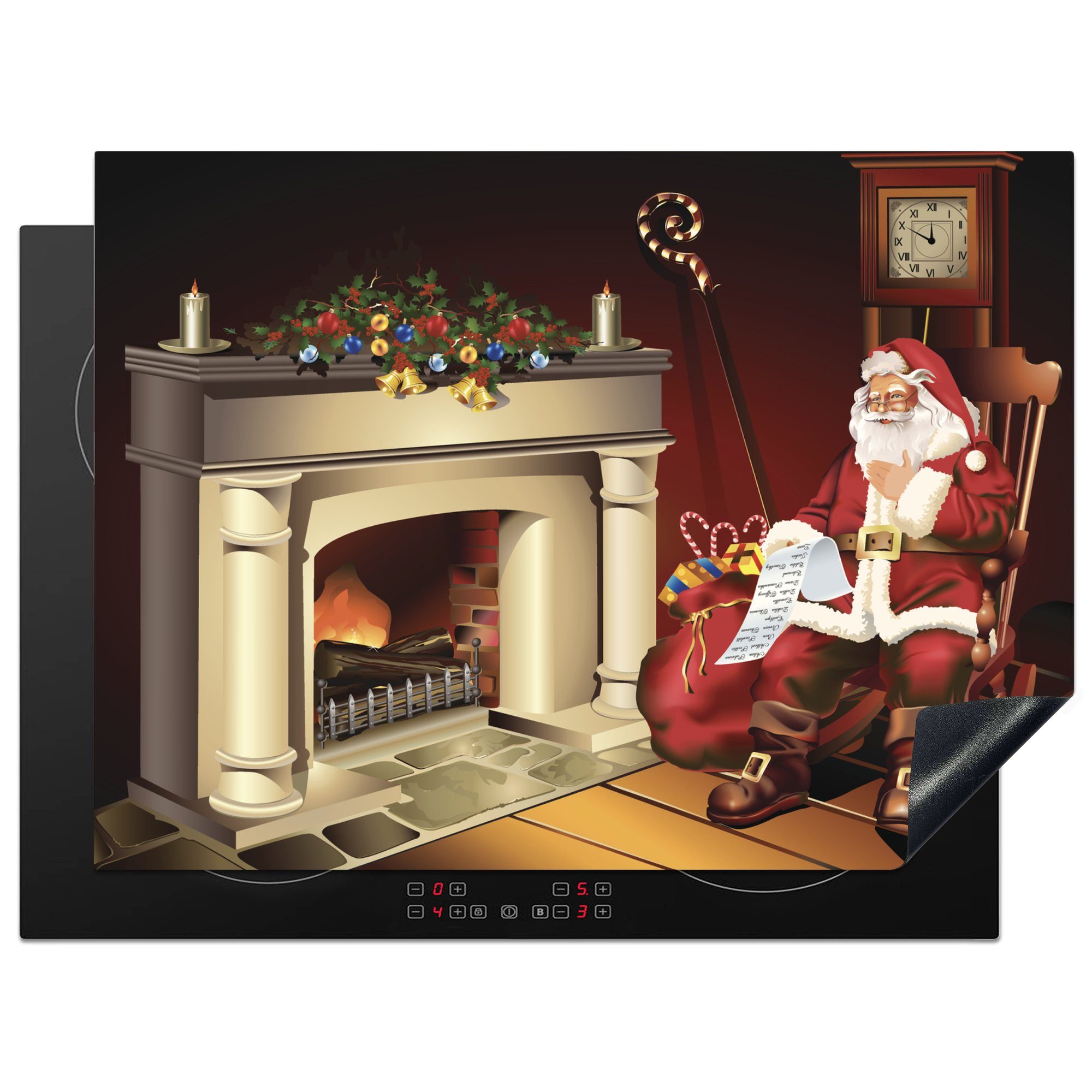 MuchoWow Herdblende-/Abdeckplatte Eine Illustration des Weihnachtsmanns an seinem Kamin, Vinyl, (1 tlg), 70x52 cm, Mobile Arbeitsfläche nutzbar, Ceranfeldabdeckung