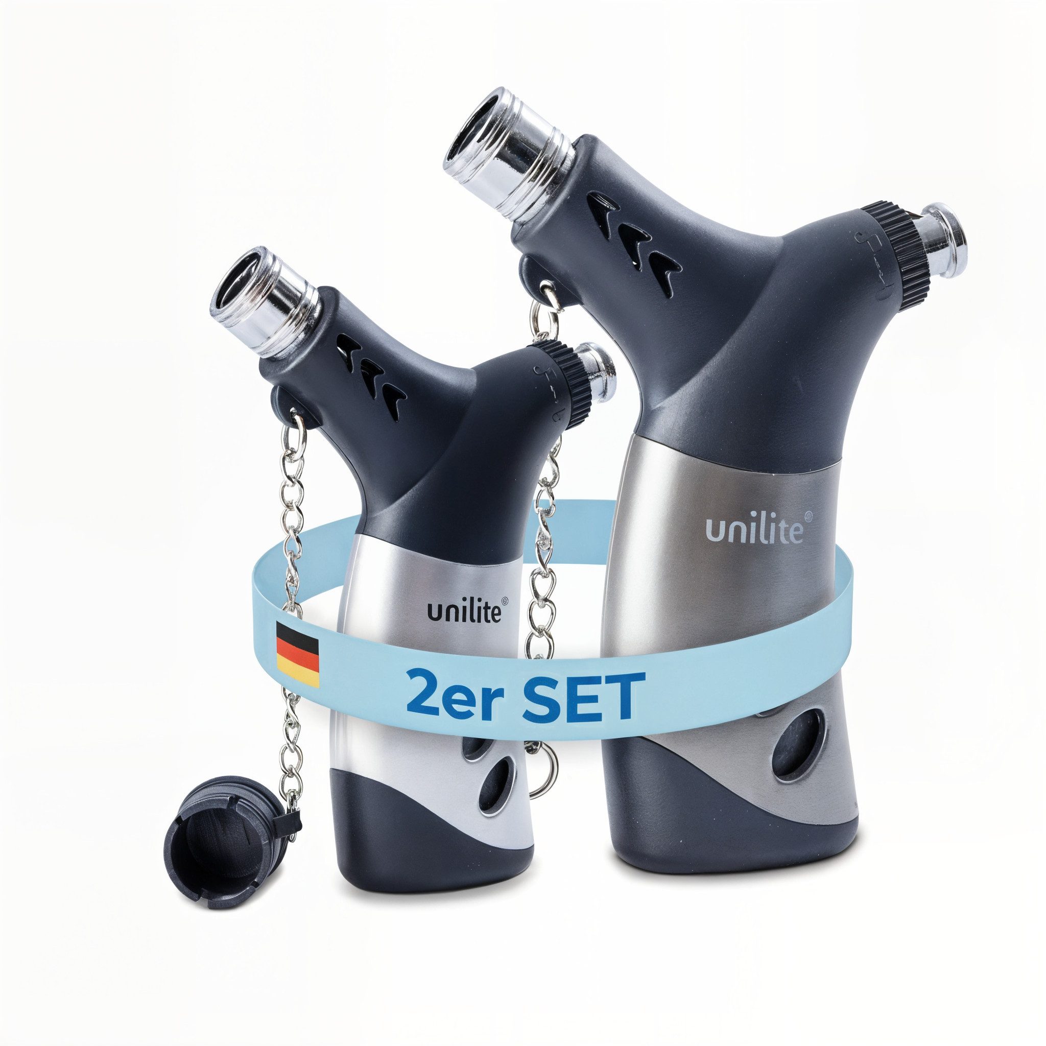 Unilite Feuerzeuge Sturmfeuerzeuge 2er Set, befüllt & nachfüllbar (2-St), Windfest, Flammenregulierung, Kindersicherung