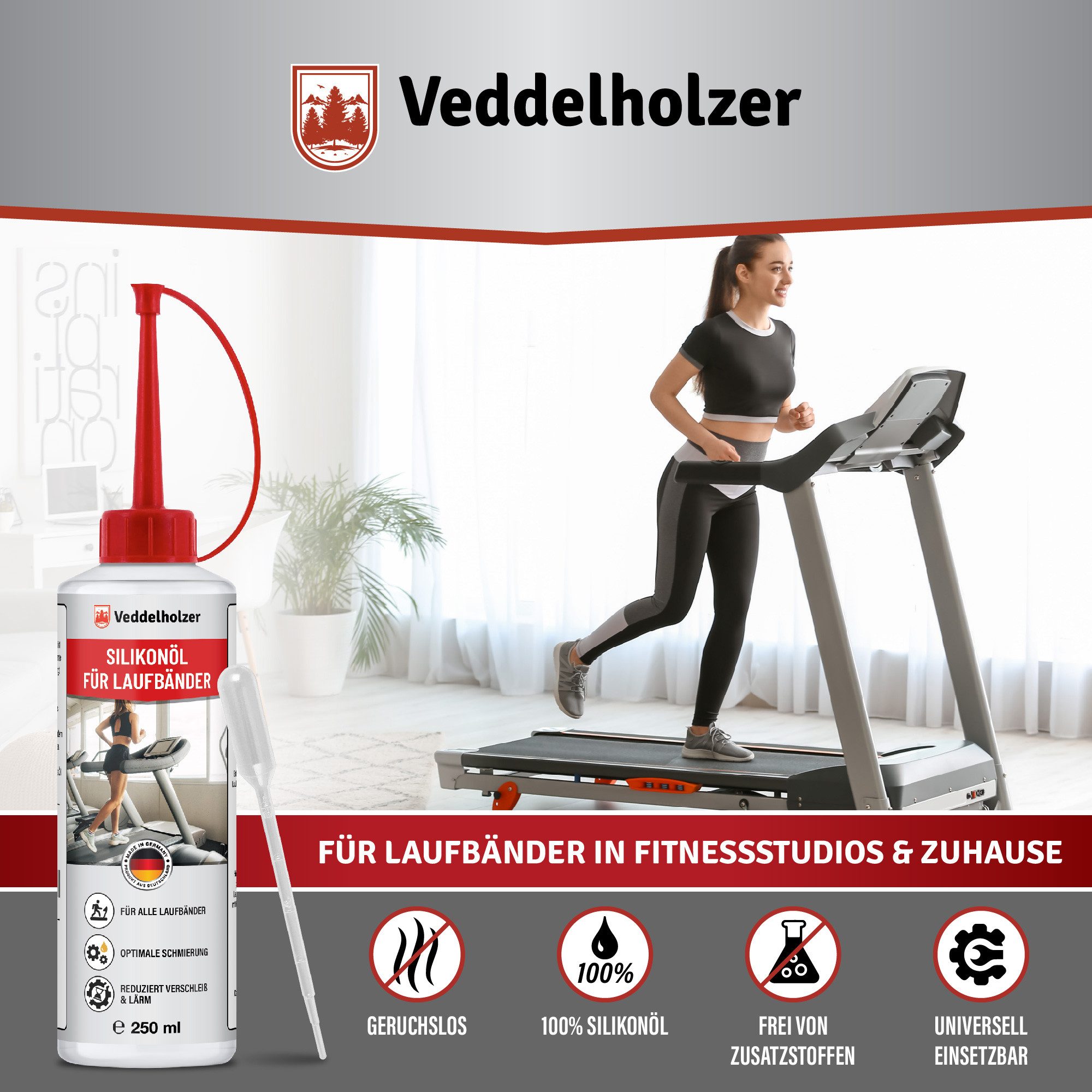 Veddelholzer Silikonöl 250 ml 100% reines Silikonöl Laufband mit Dosierkappe & Pipette, 250 ml, (für Zuhause Fitnessstudio Laufband Öl, universell für Laufband, Cross Trainer), Spinning Bike und andere Trainingsgeräte