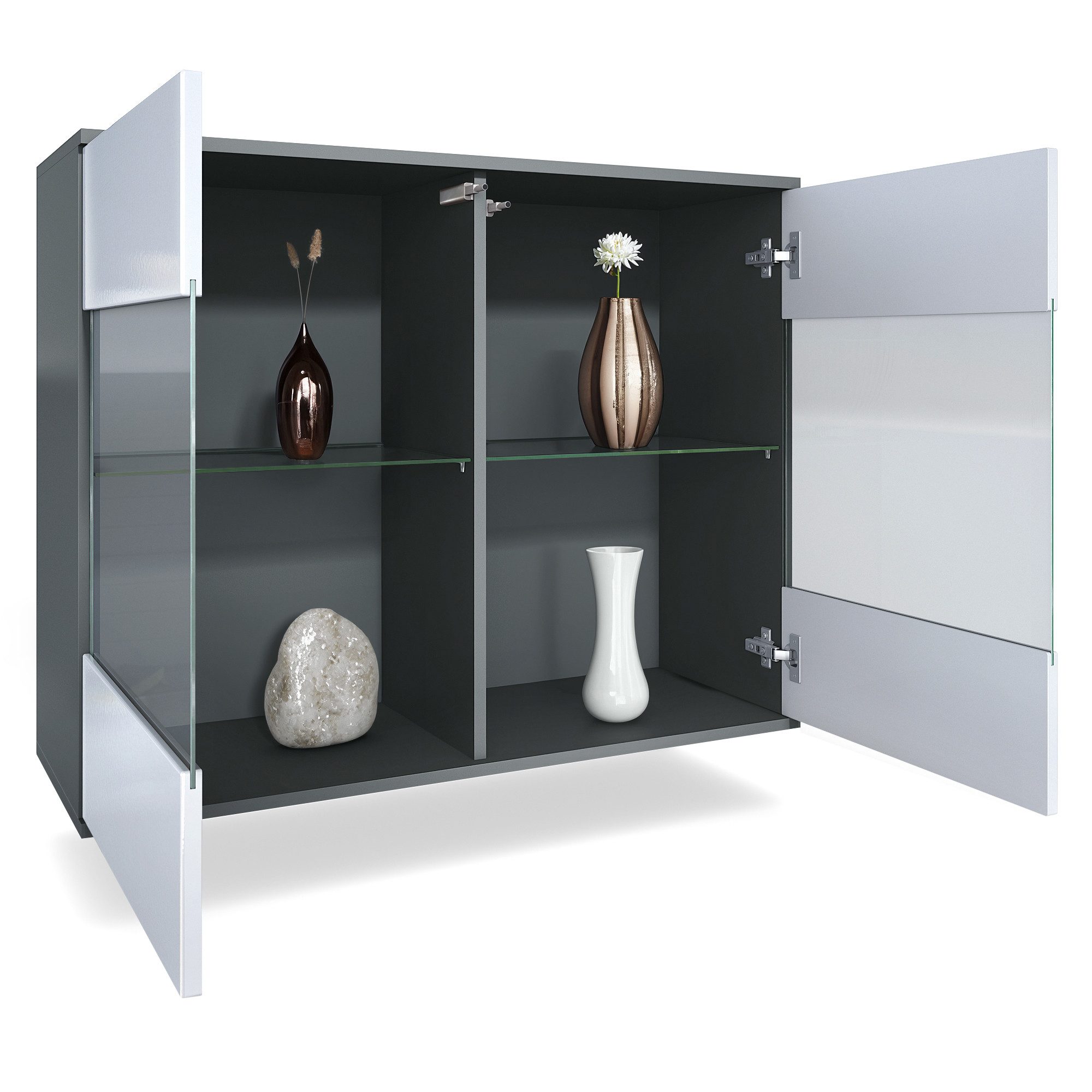 Vladon Kommode Bari V3 (Moderner Küchenschrank, mit 2 großen Glastüren inkl. RGB Beleuchtung), Anthrazit matt / Eiche sägerau (92,5 x 73.5 x 35)