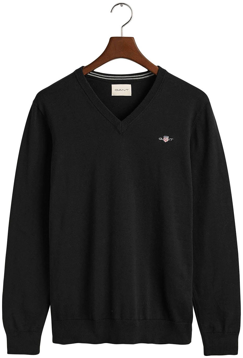 Baumwolle, Premium Übergangspullover aus Strickjersey V-Ausschnitt-Pullover Black Cotton Classic 100% Gant weicher V-Neck