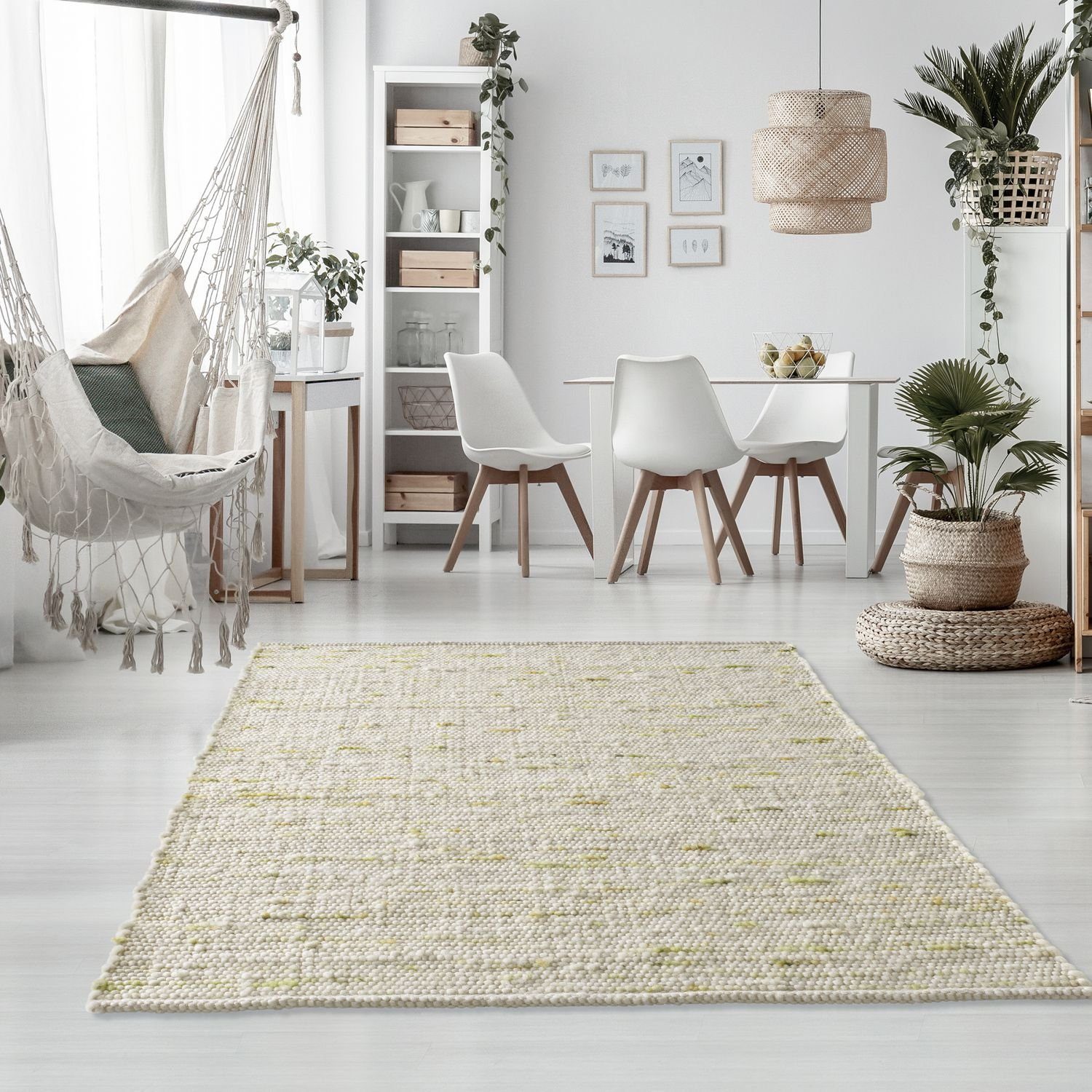 Wollteppich TaraCarpet Handwebteppich Oslo, TaraCarpet, rechteckig, Höhe: 10 mm, Schurwolle Handgewebt grün meliert Wohnzimmer Schlafzimmer 070x130 cm