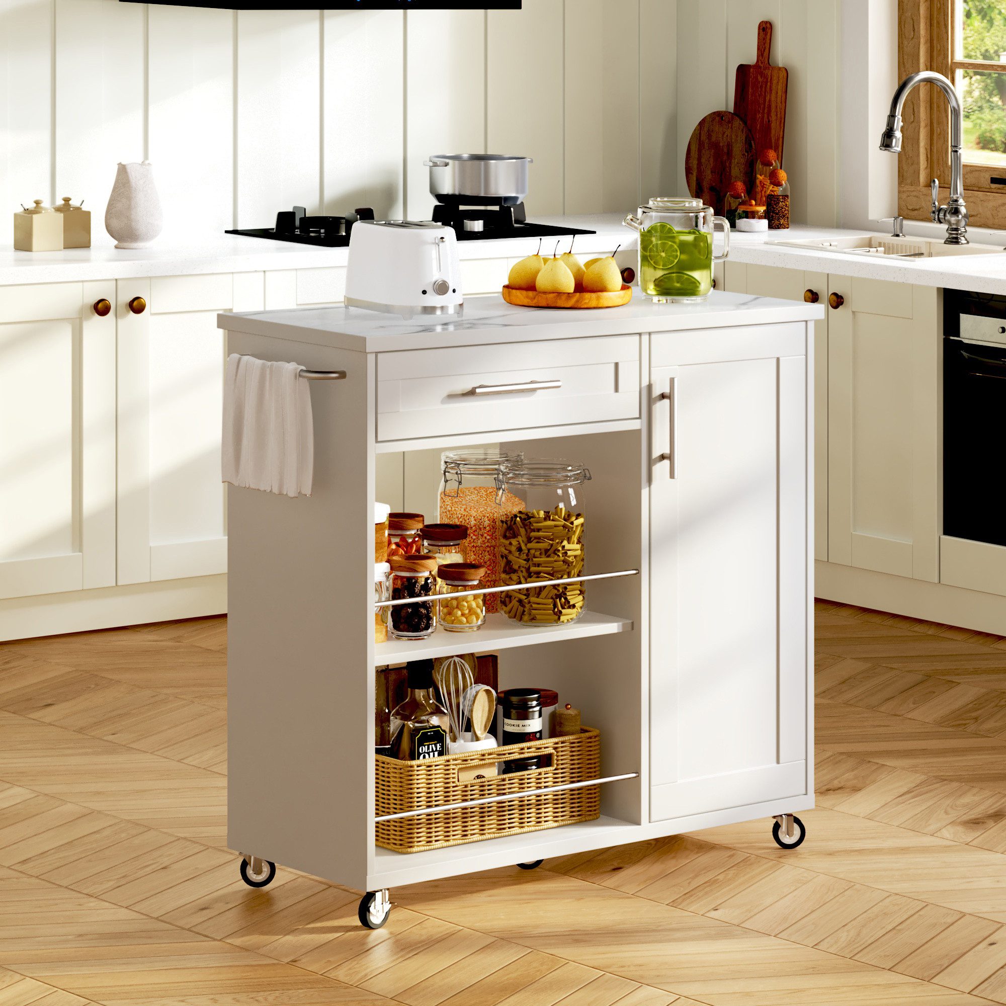 OKWISH Küchenwagen Mobiler Trolley mit Schublade, Handtuchhalter & feststellbaren Rädern, (Packung, 1 St), 90x62x90cm in Weiß mit Marmor-Optik, Schrank, Regalen