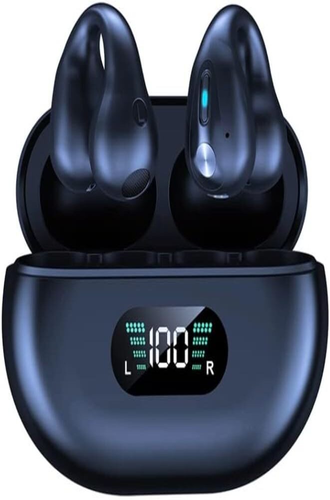Panlouting Bluetooth 5.3 Open Ear Clip-on HD Stereo IPX5 Wasserdicht In-Ear-Kopfhörer (Tragbare Ladebox mit bis zu 30 Stunden Betriebszeit für unterwegs., LED-Leistungsanzeige mit Ladebox für SportRadfahrenFitnessstudioFahren)
