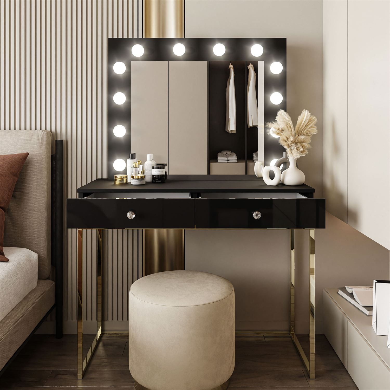 Lookway Schminktisch BLANCO GOLD CHROM mit Spiegel und Beleuchtung
