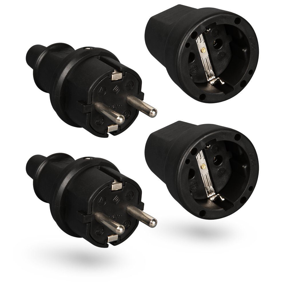 HEITECH Steckdose HEITECH Gummi Schutzkontakt Stecker + Kupplung 2-polig 2er Pack