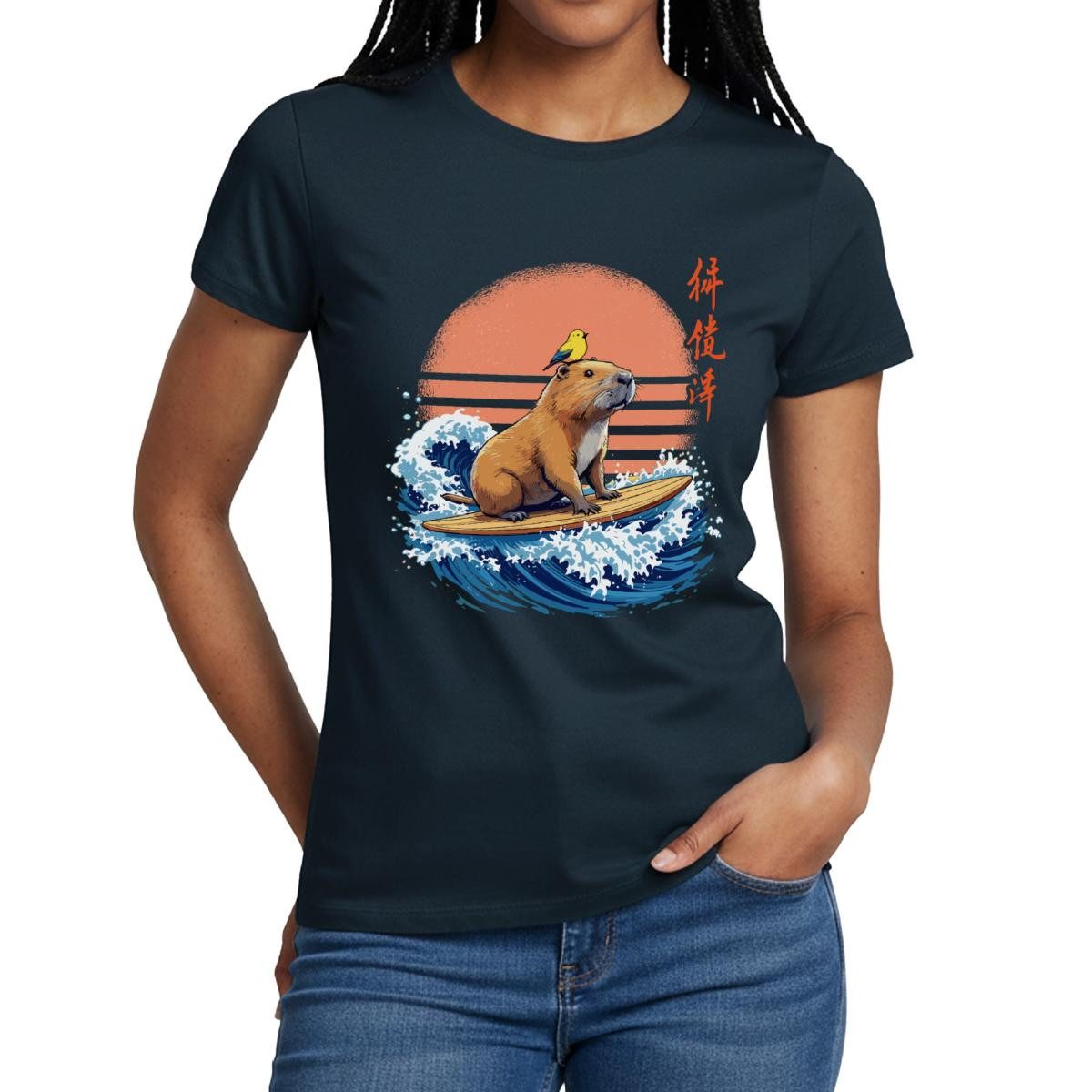 Spreadshirt T-Shirt Surfendes Capybara, Capybara Auf Welle Frauen T-Shirt (1-tlg)