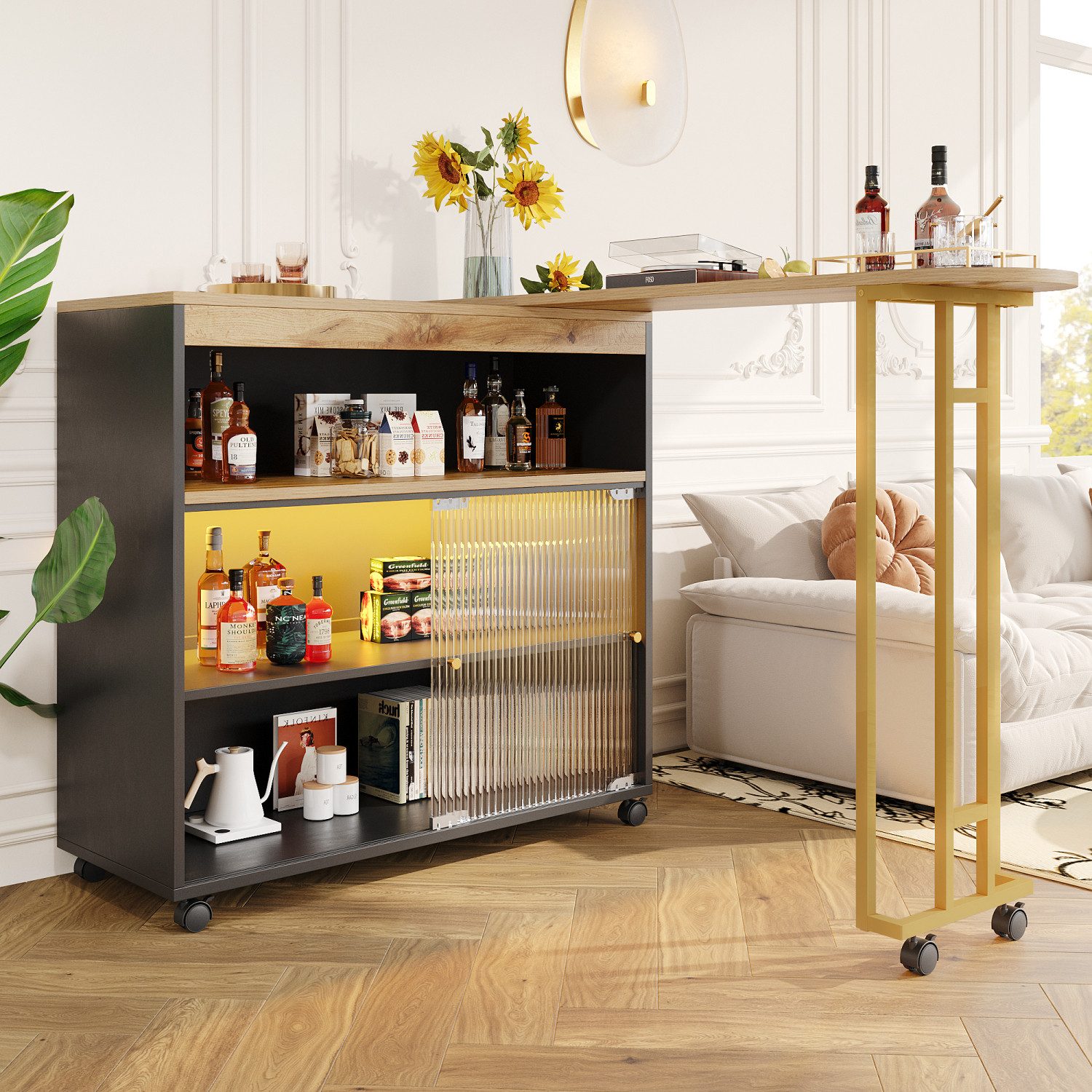 Flieks Bartisch (360° Drehung, 1-St), ausziehbar Stehtisch drehbar Sideboard Esstisch mit LED Anricht