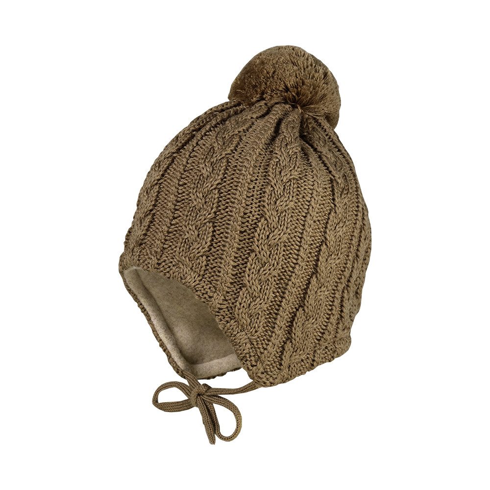 MAXIMO Strickmütze MINI-Mütze, Zopf, ausgenäht Pompon, Futter (1-St) Merinowolle