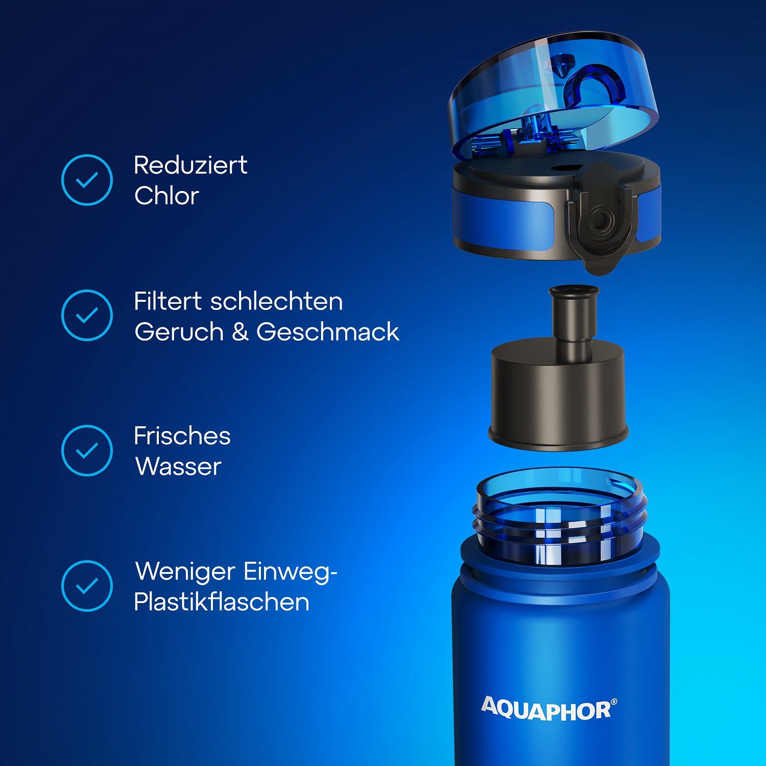 Wasserfilter unterwegs, AQUAPHOR Farbe: 500ml., blau. mit Flasche Filter Trinkflasche Aktivkohle., für mit Wasserfilterflasche City blau