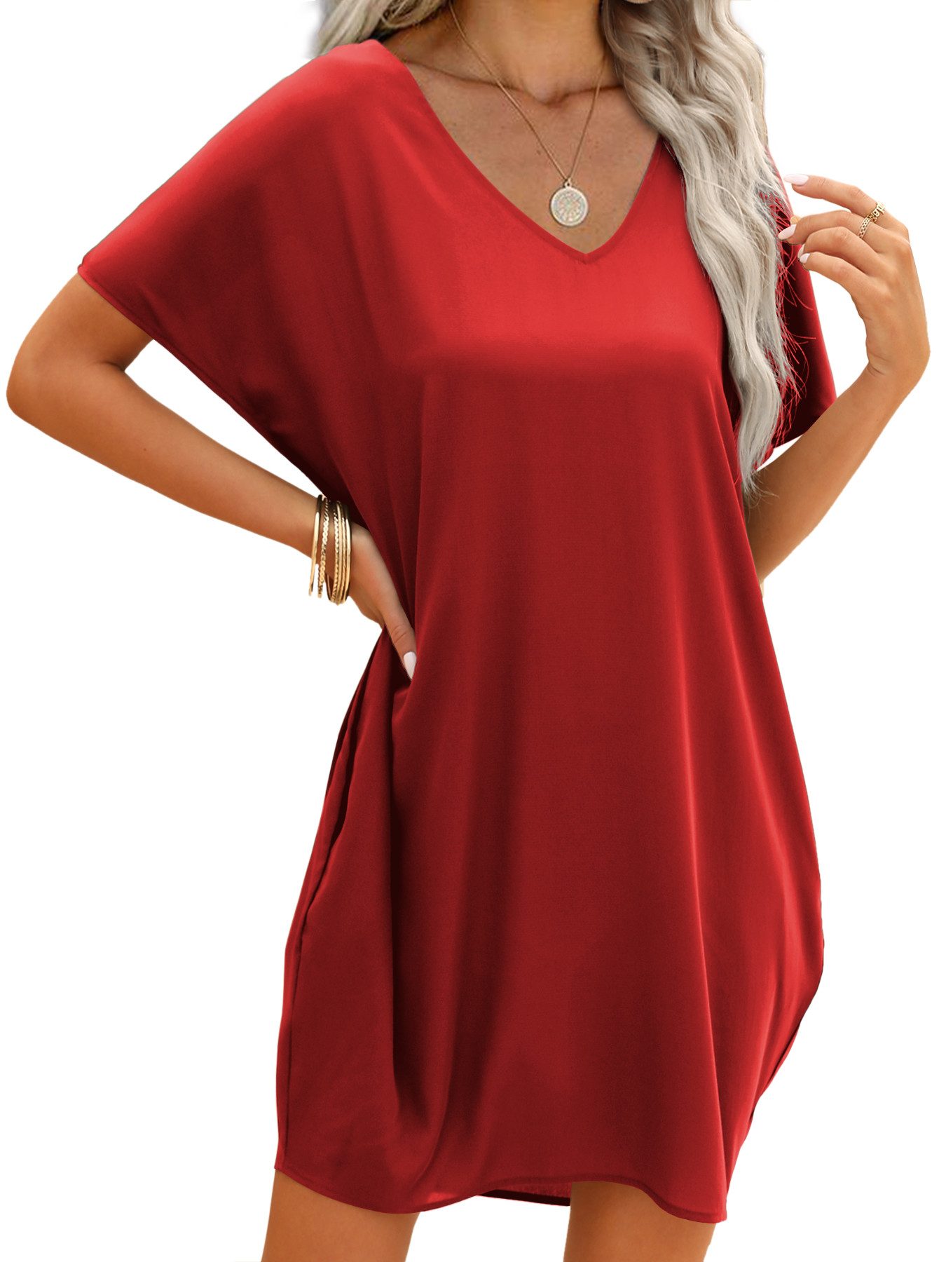 Tunikakleid Damen Sommerkleid mit V-Ausschnitt und Taschen, locker geschnitten
