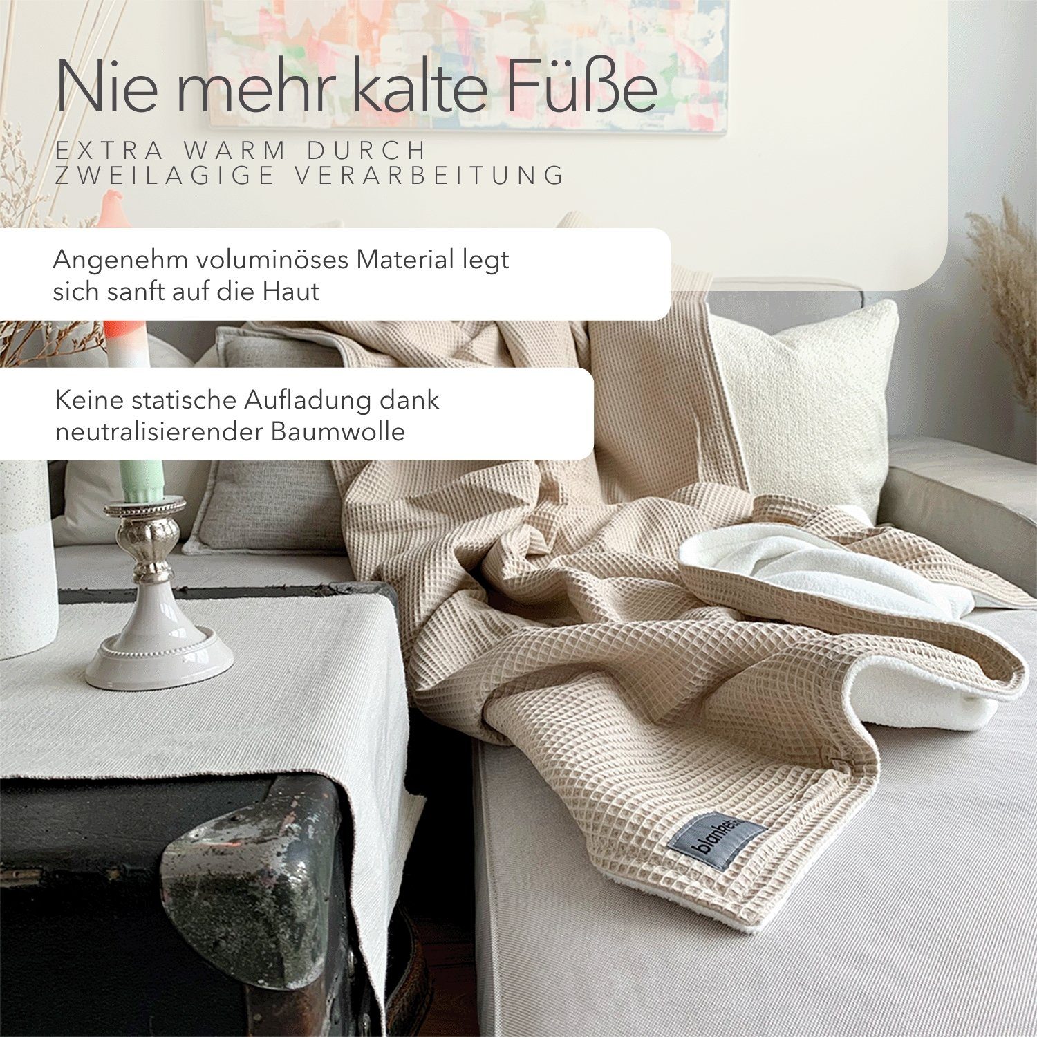Wohndecke flauschige Kuscheldecke, wärmende Couchdecke aus 100% Baumwolle, blanketino, Stilvolle Sofadecke, Überdecke in Creme & Sandweiß – Bild 3 von 5