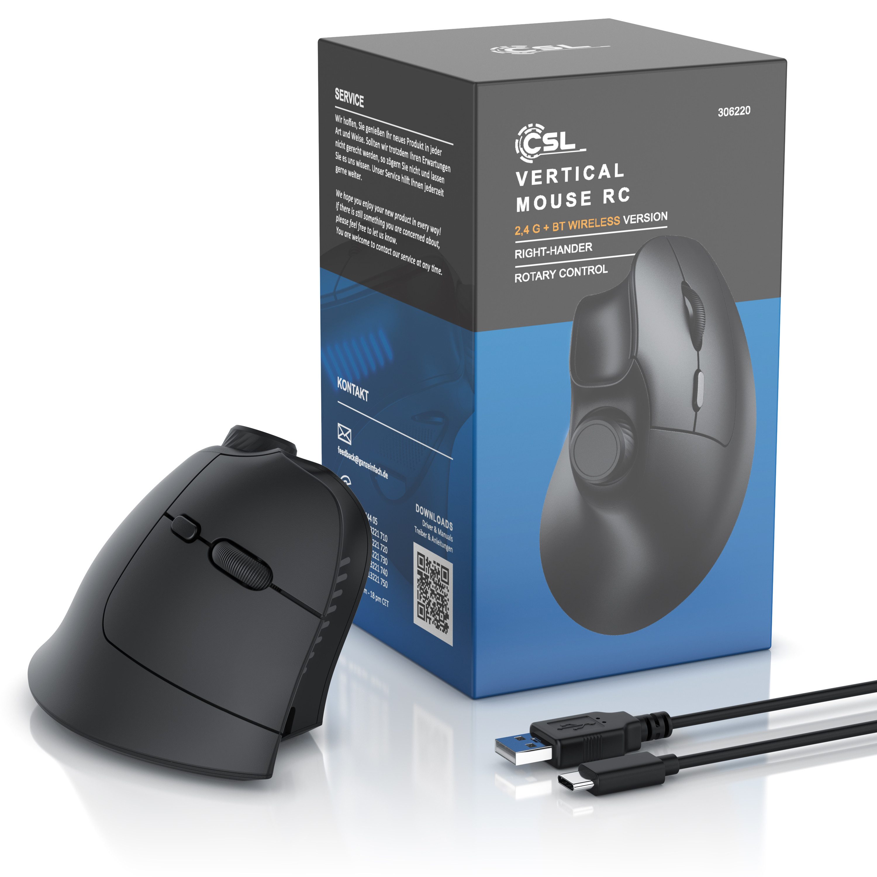 CSL kabellose Vertikalmaus, Wireless 2,4 GHz Funk & Bluetooth 4.0 ergonomische Maus (Bluetooth, Funk, 250 dpi, ergonomisches Design, gegen Mausarm Tennisarm, Multimedia-Drehregler)