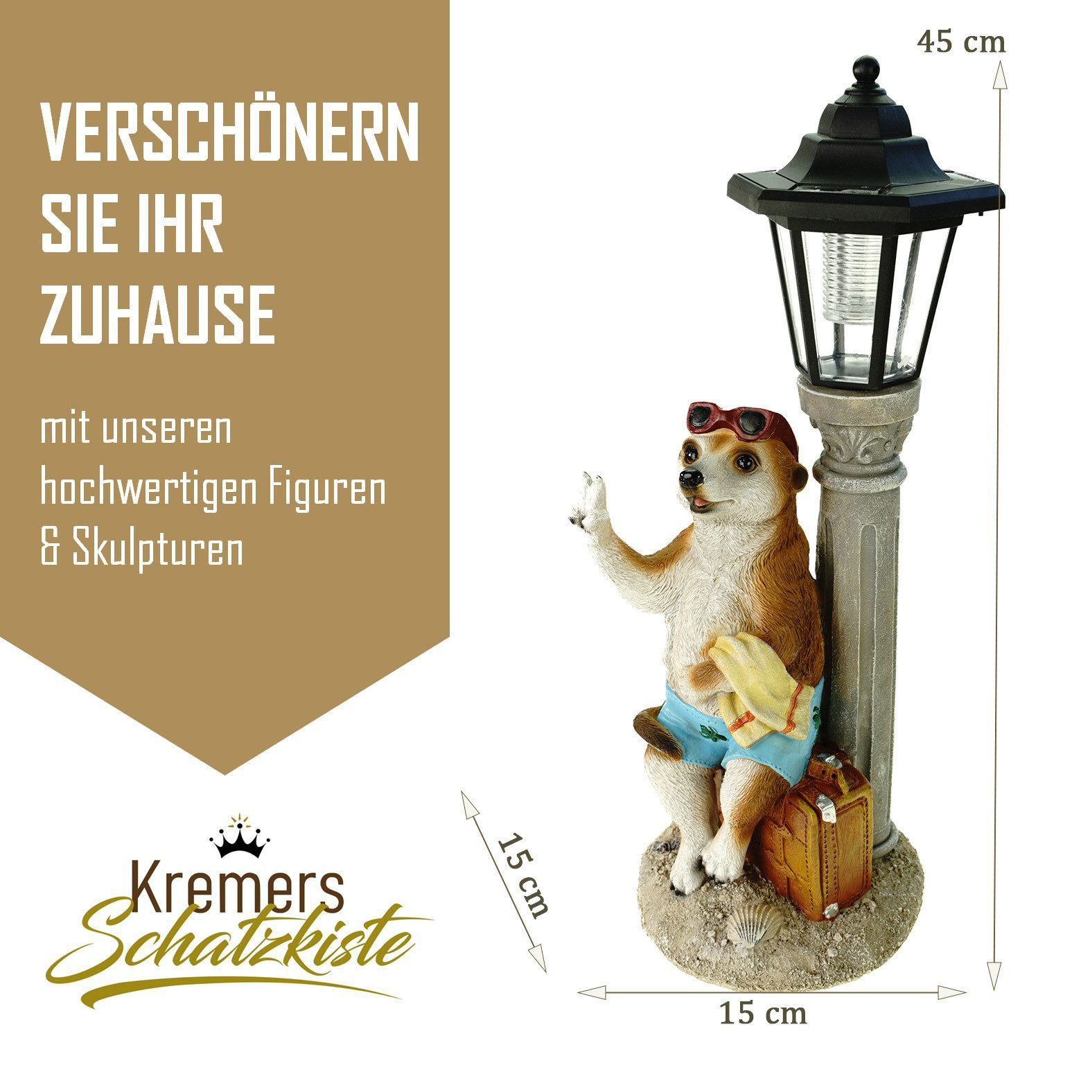 Kremers Schatzkiste Gartenfigur Erdmännchen Urlauber mit Solarlaterne Figur Gartenfigur 51 cm Garten