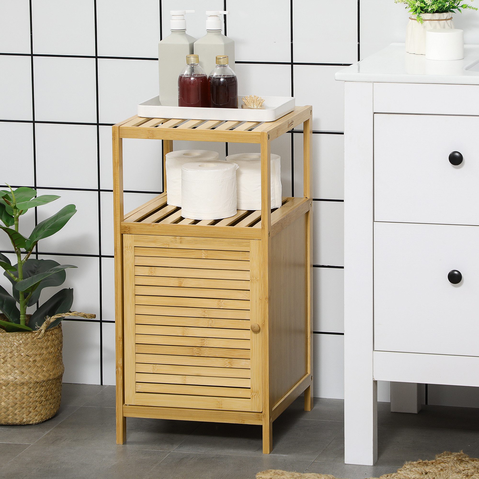 Kleankin Badregal Badezimmerschrank, Badschrank, Beistellschrank mit Kippschutz, Bambus, Aufbewahrungsschrank 1-tlg., Natur, 33 x 36,5 x 67 cm