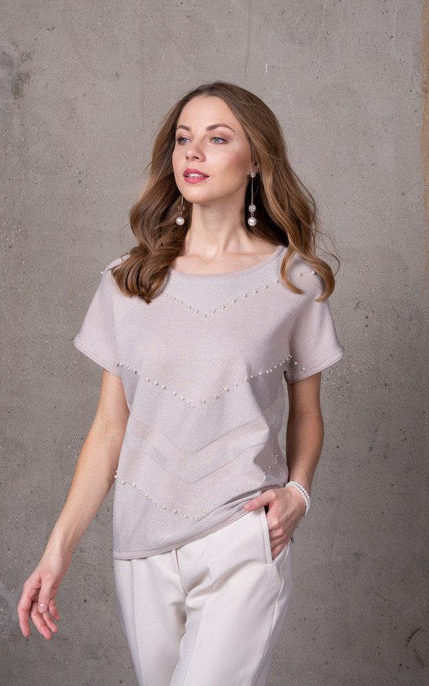 Passioni Kurzarmpullover mit diagonalen Streifen und Perlen Rundhalsausschn günstig online kaufen