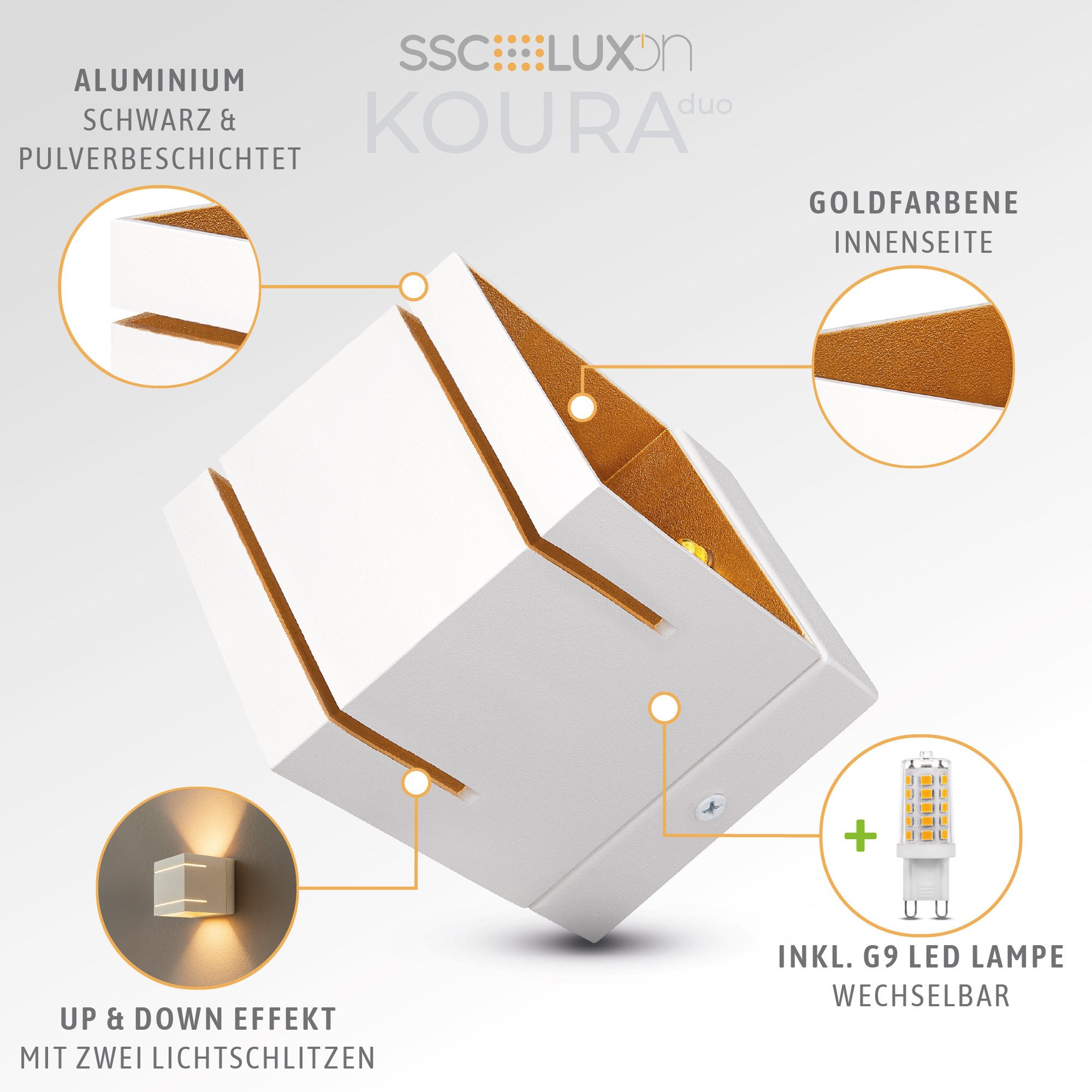 SSC-LUXon LED Wandleuchte KOURA DUO Wandstrahler Wandleuchte Up & Down mit G9 Lampe 3W warmweiß, Warmweiß