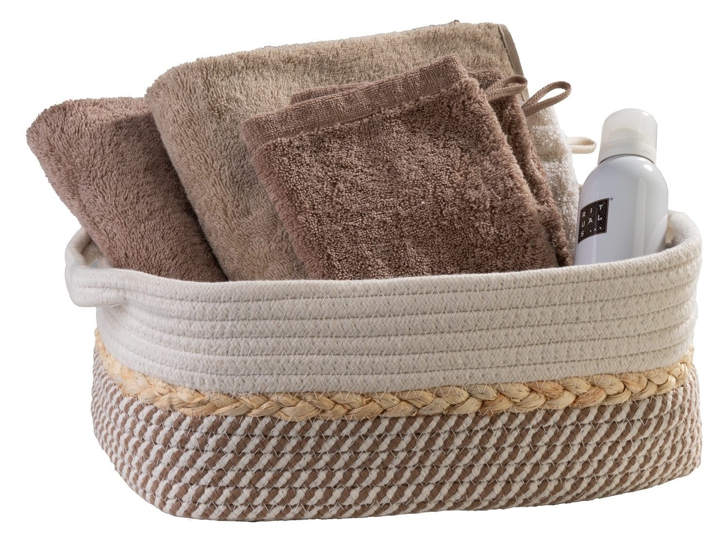 Home4You Aufbewahrungskorb, B 33 cm, H 13 cm, T 23 cm, Beige, Weiß, (1 St), Baumwolle, mit Griffen